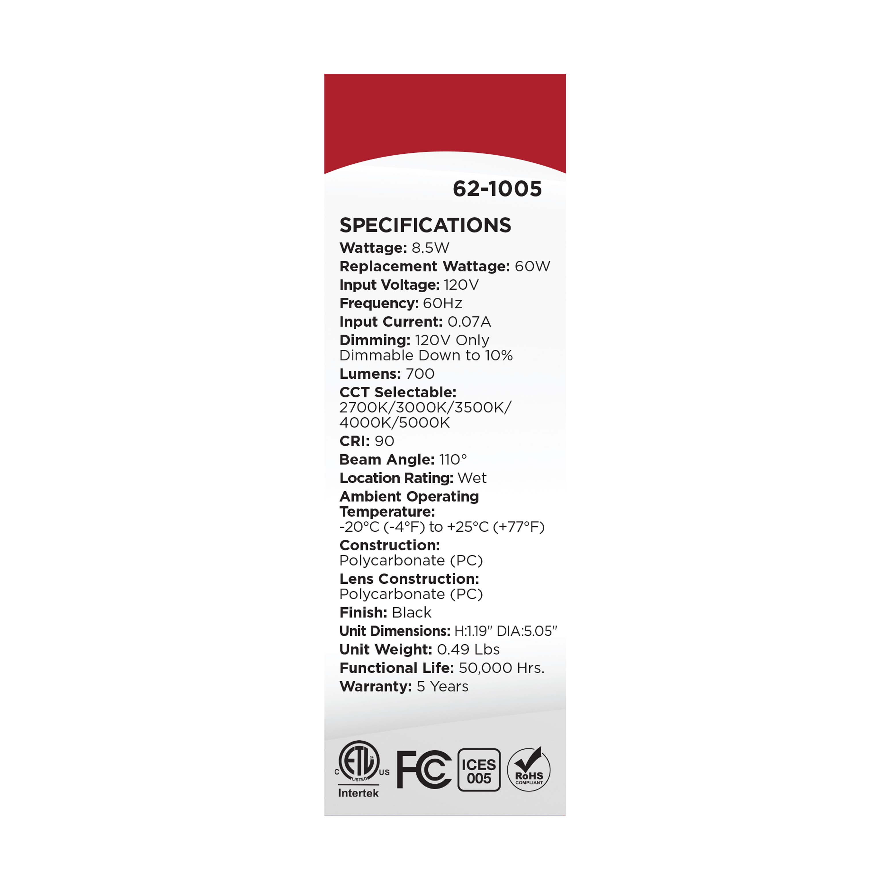 9W 5" 5CCT 120V BLK FIXTURE - 62-1005
