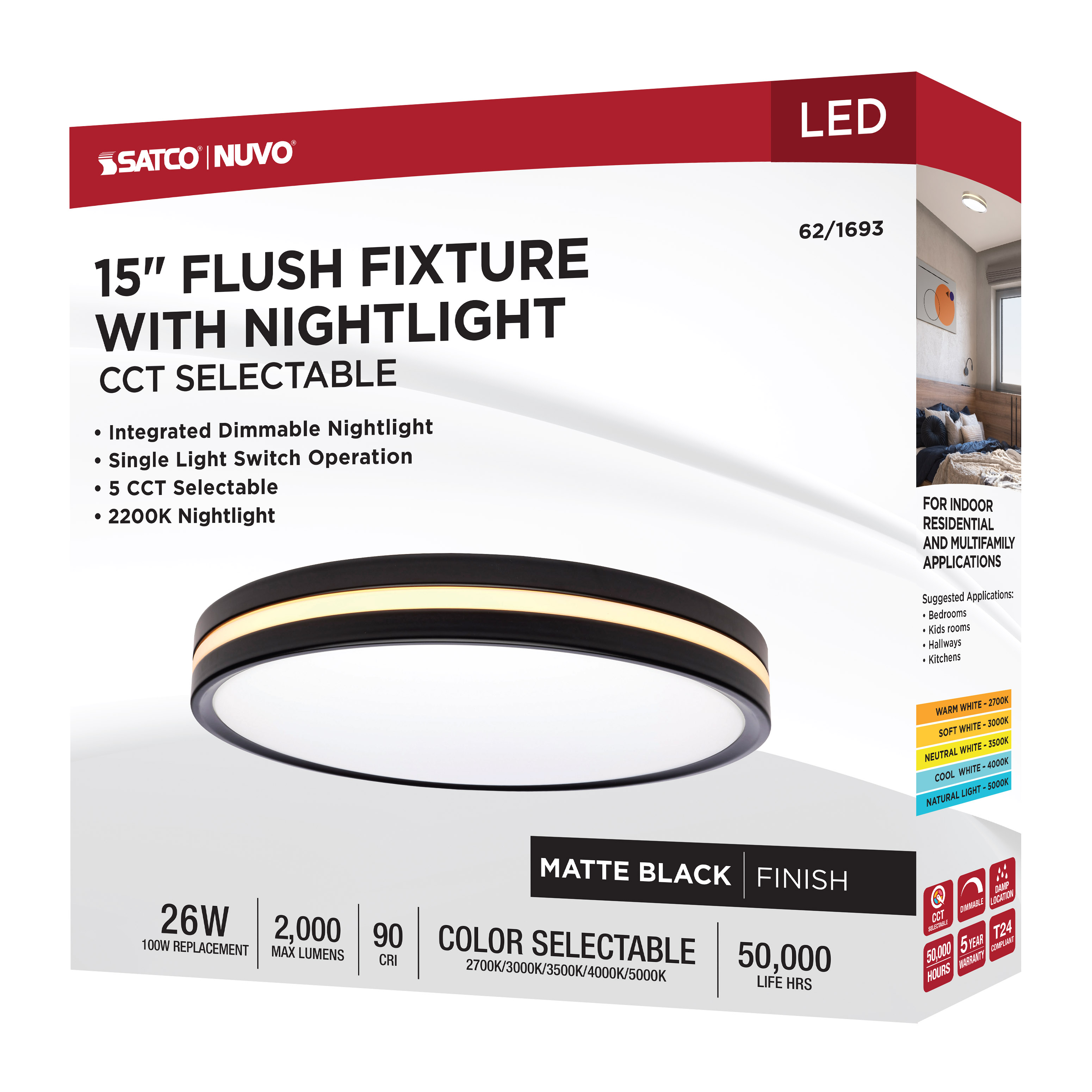 15" SURFACE MOUNT W/NIGHTLIGHT - 62-1693