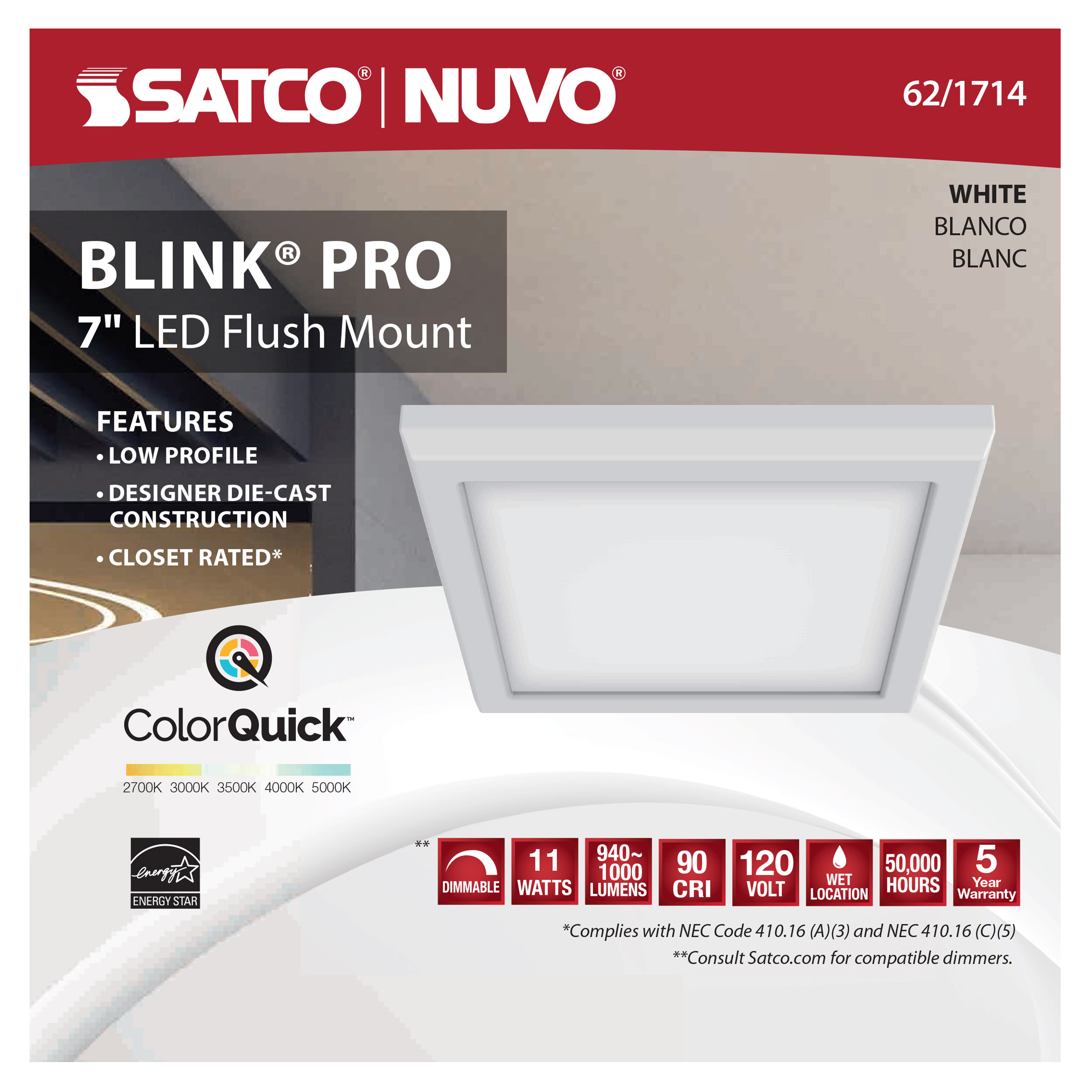 BLINK 11W LED 7" SQ WHITE - 62-1714