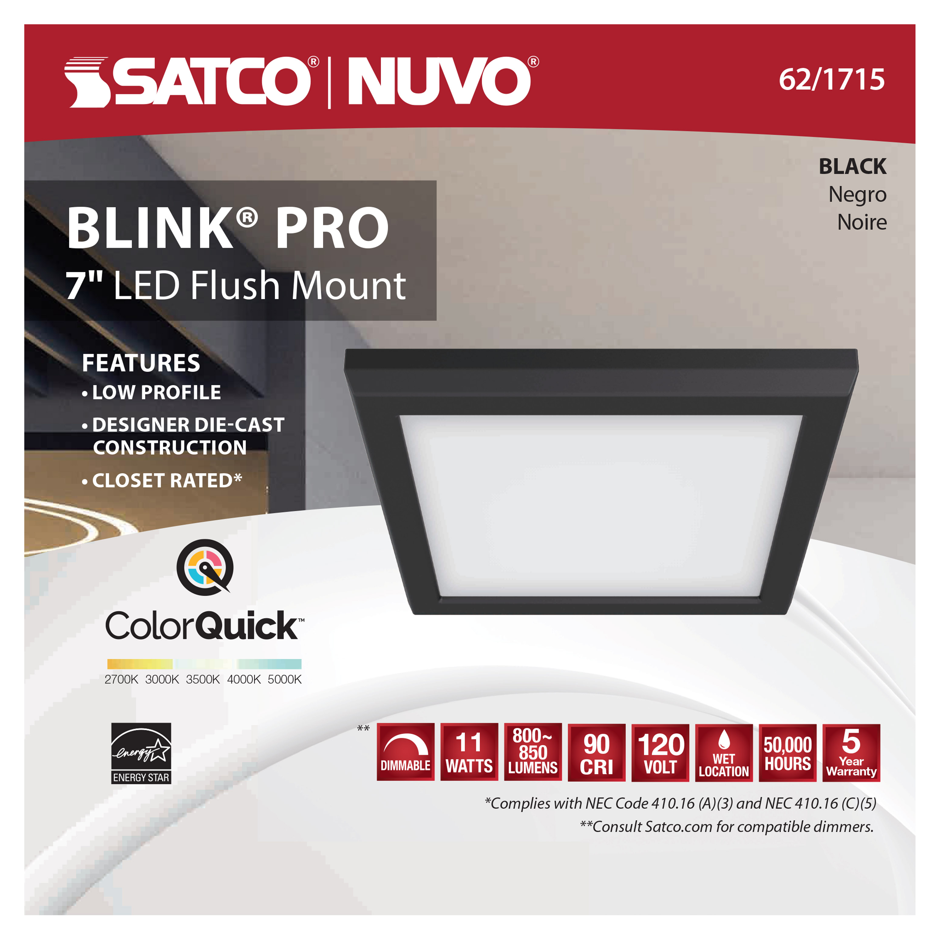 BLINK 11W LED 7" SQ BLACK - 62-1715