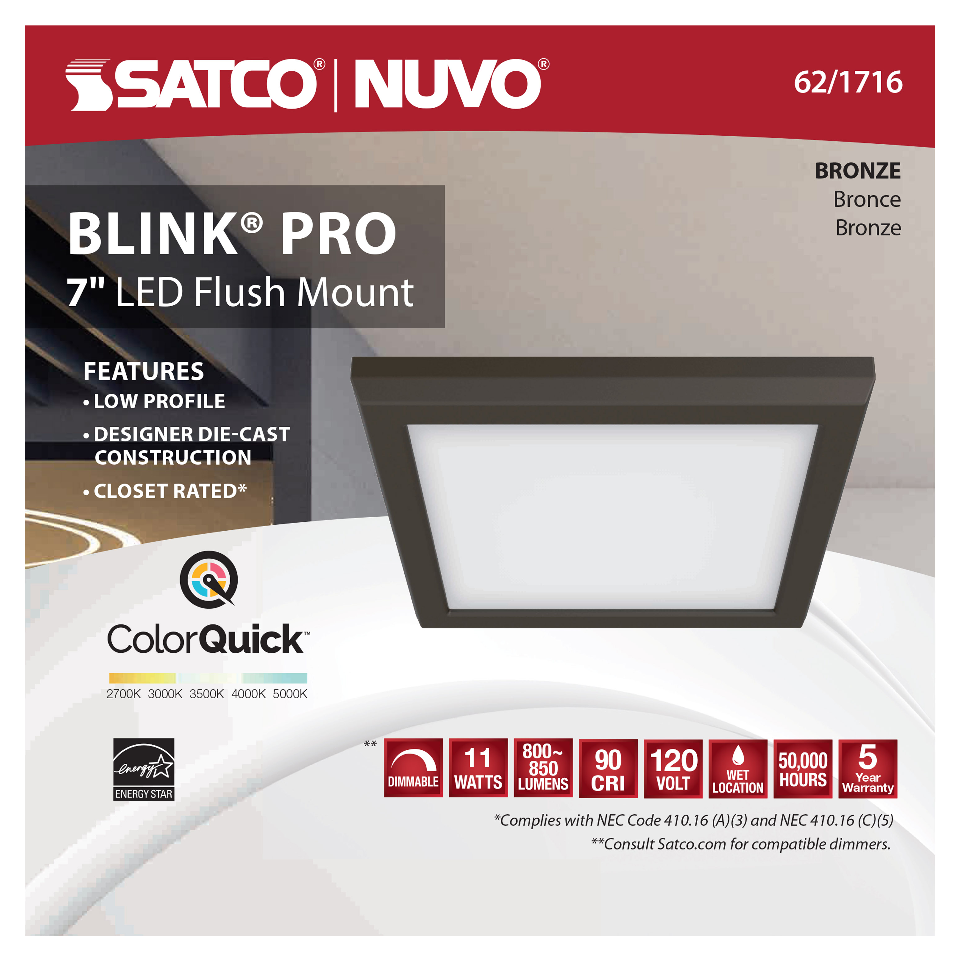 BLINK 11W LED 7" SQ BRONZE - 62-1716