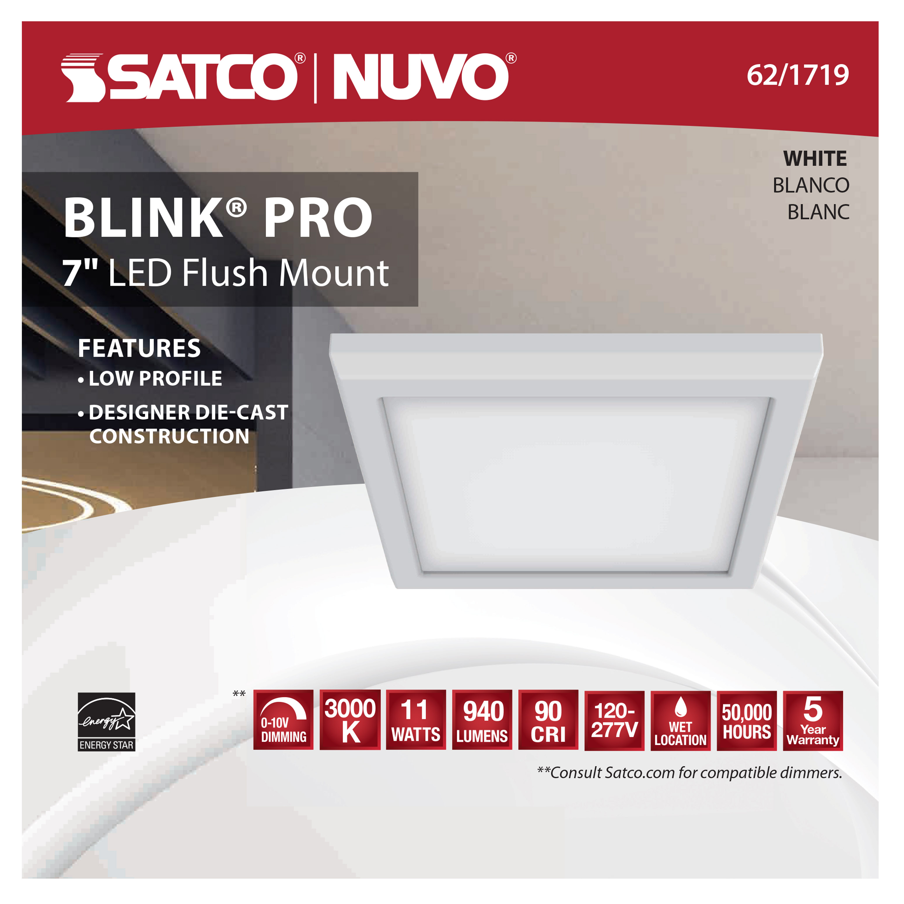 BLINK 11W LED 7" SQ WH 0-10V - 62-1719