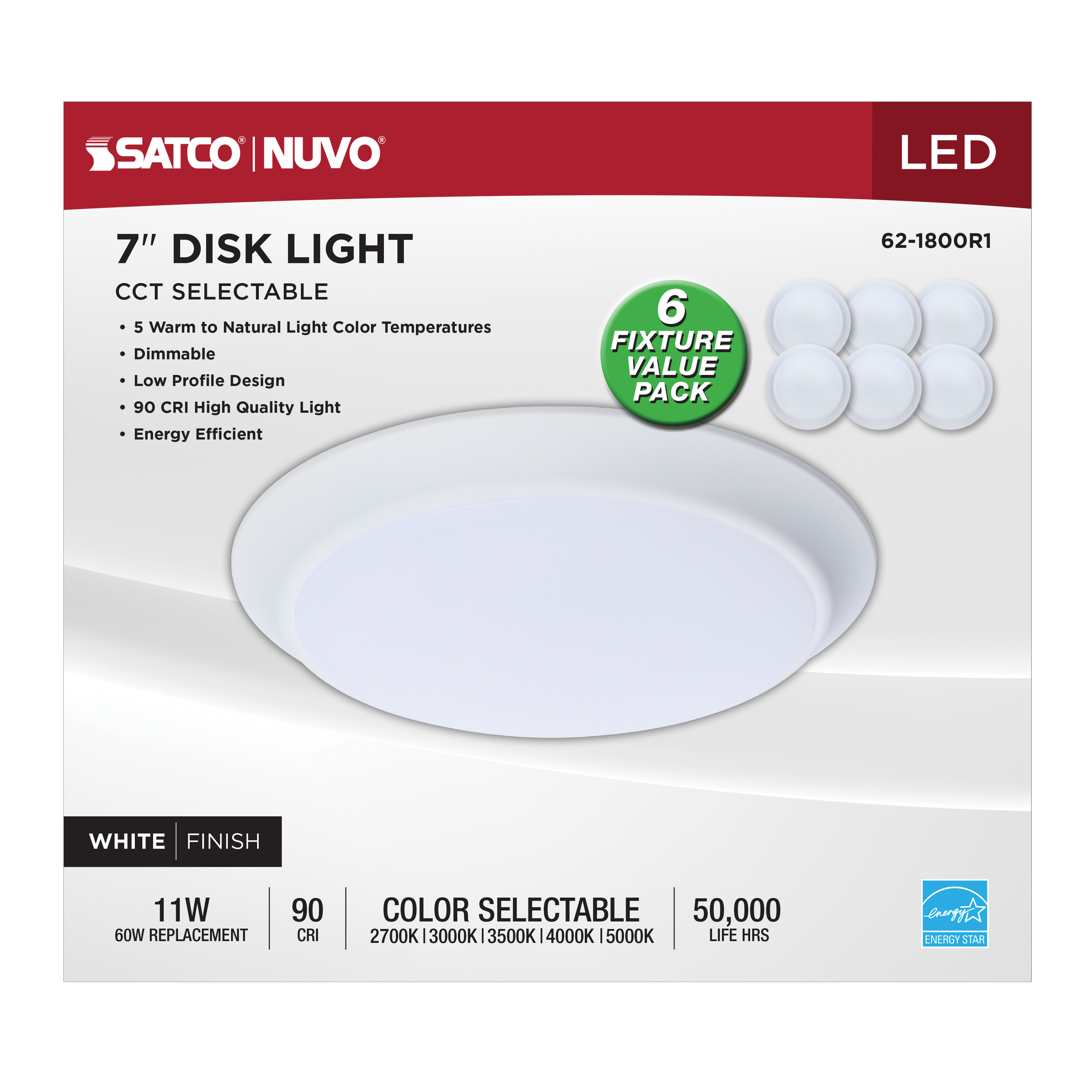 7" LED DISK LIGHT WHITE FINISH - 62-1800R1