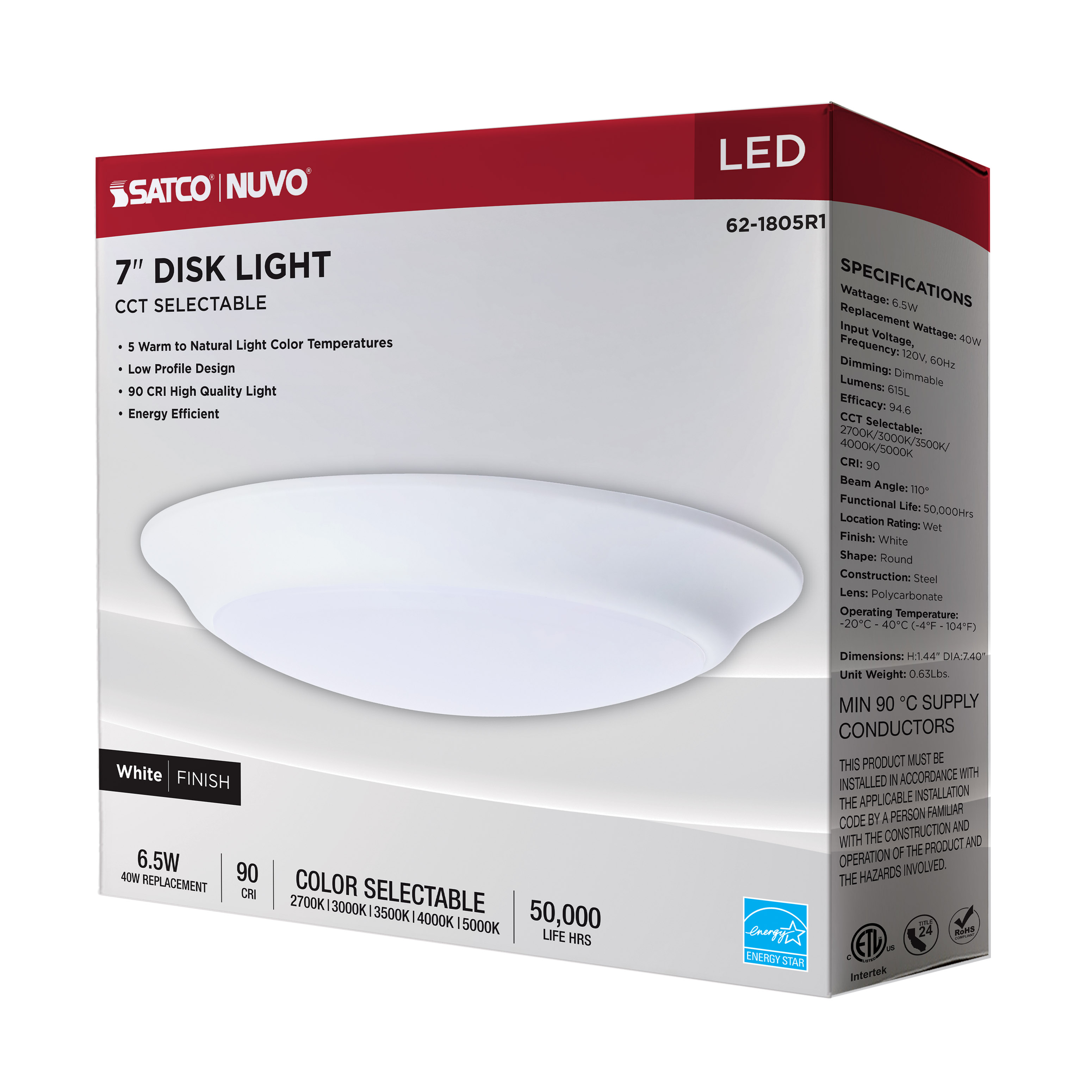 7" LED 6.5W DISK LIGHT WHITE - 62-1805R1