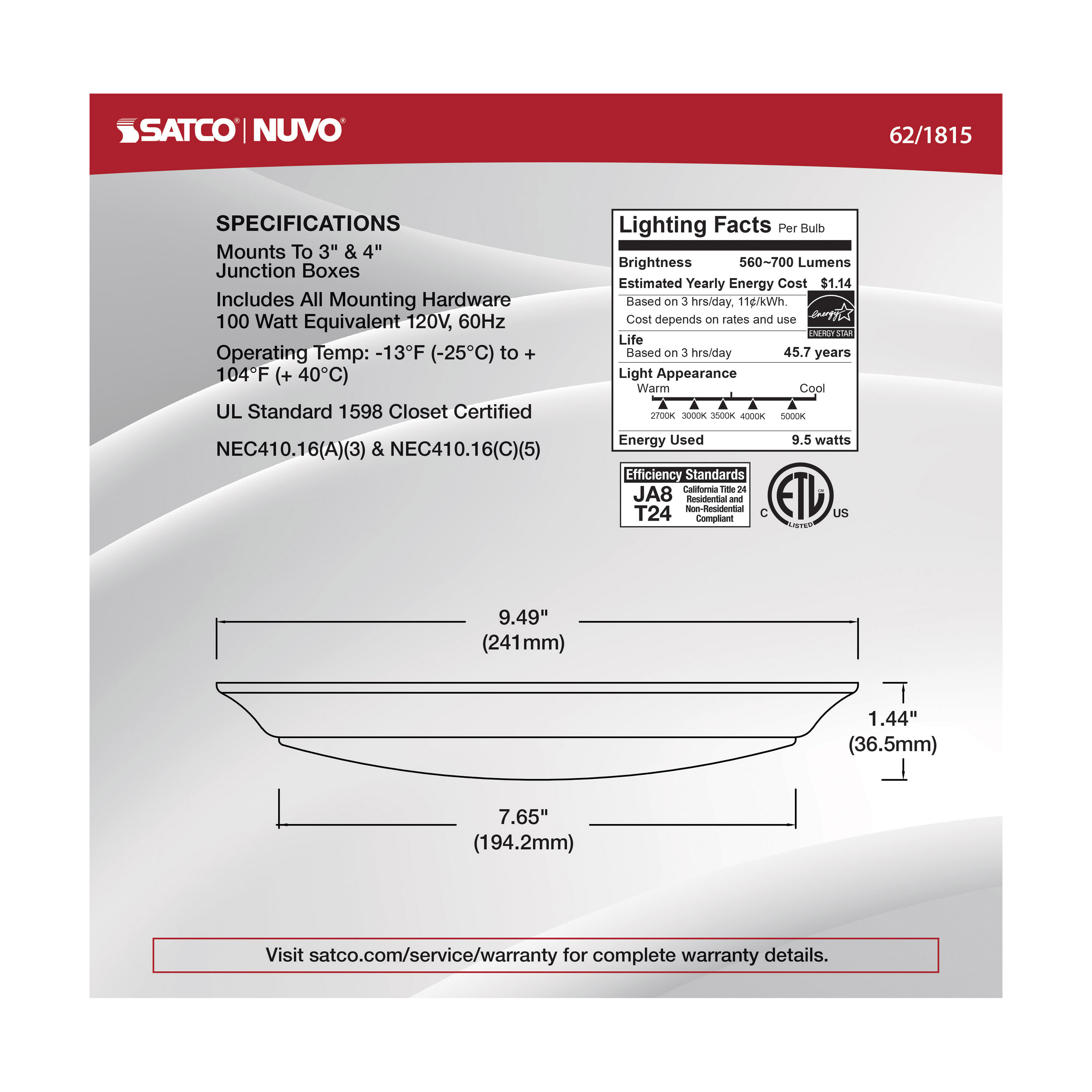 10" LED 9.5W DISK LIGHT WHITE - 62-1815