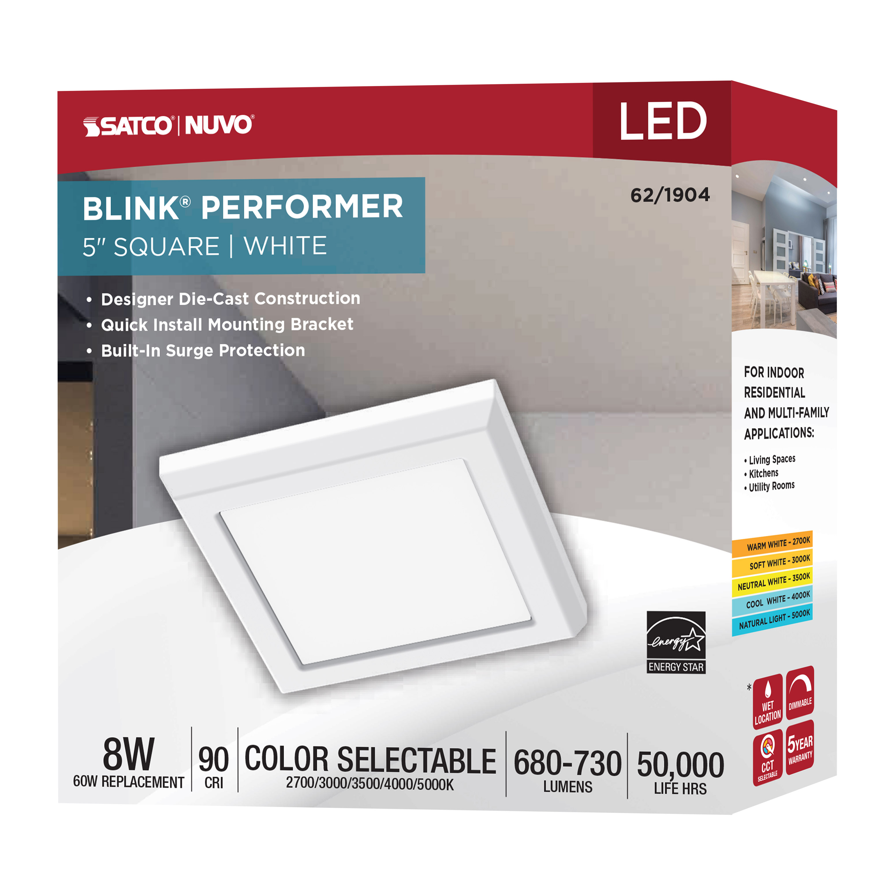 BLINK 8W LED 5" SQUARE WHITE - 62-1904