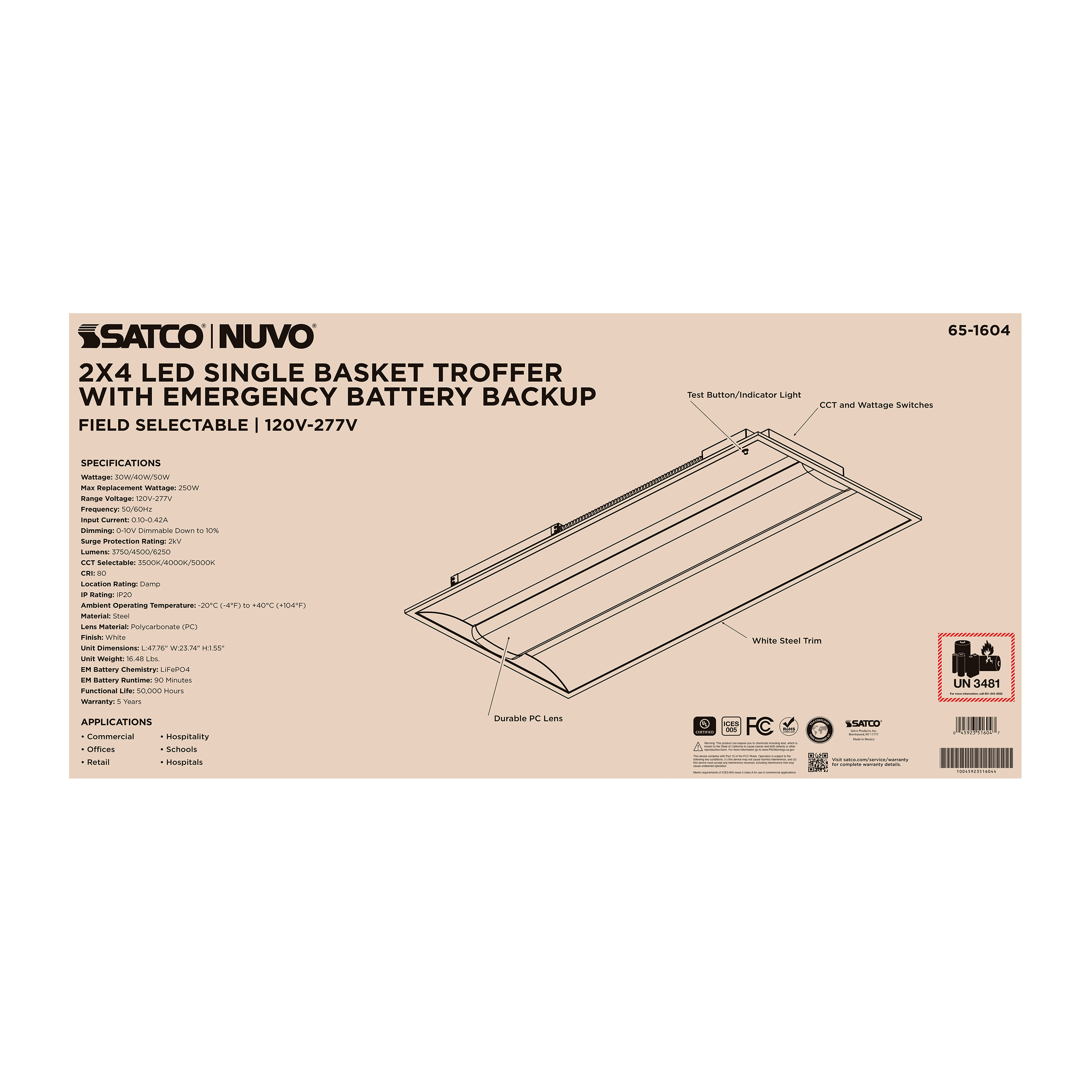 2X4 EM SINGLE BASKET TROFFER - 65-1604