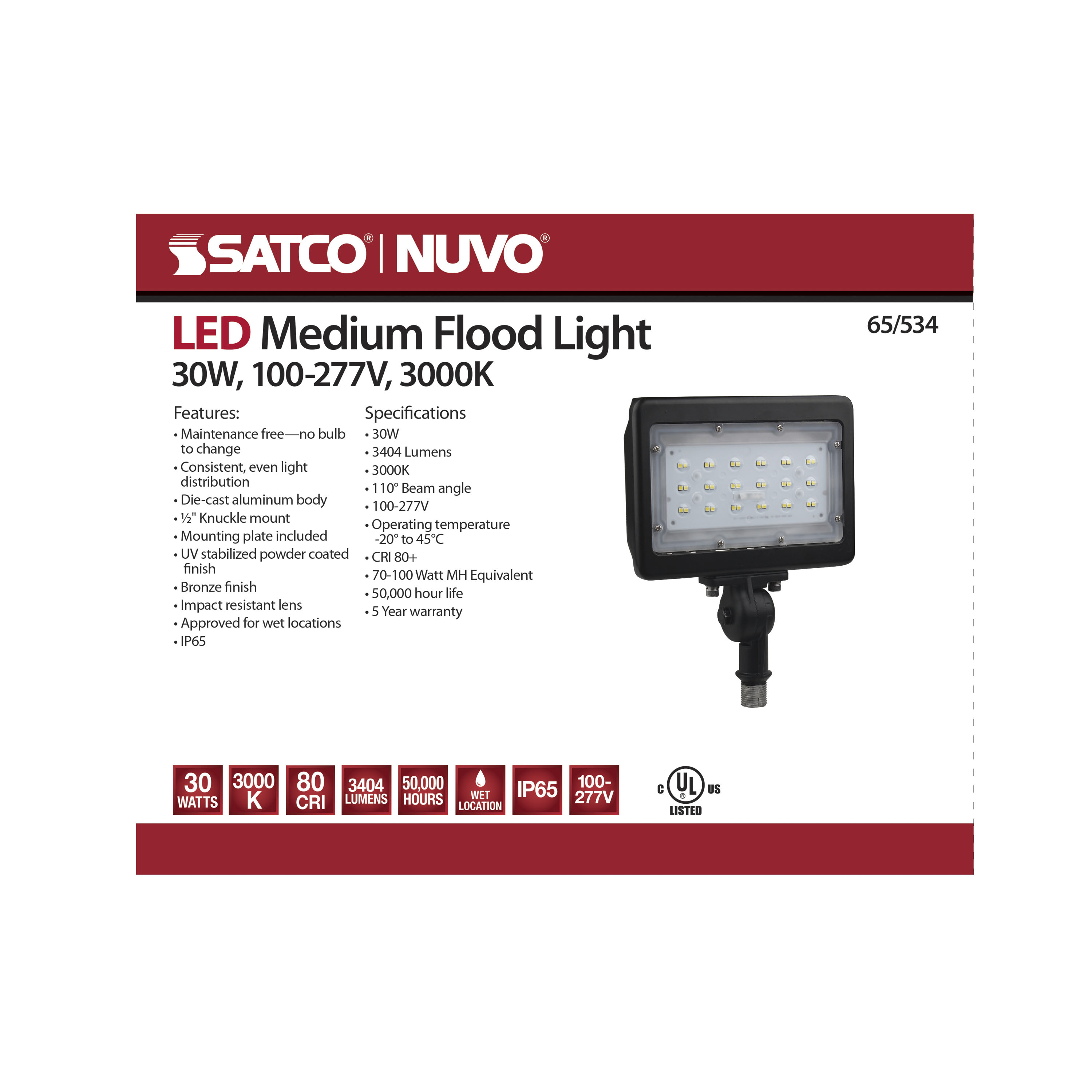 LED MEDIUM FLOOD 30W 3000K - 65-534
