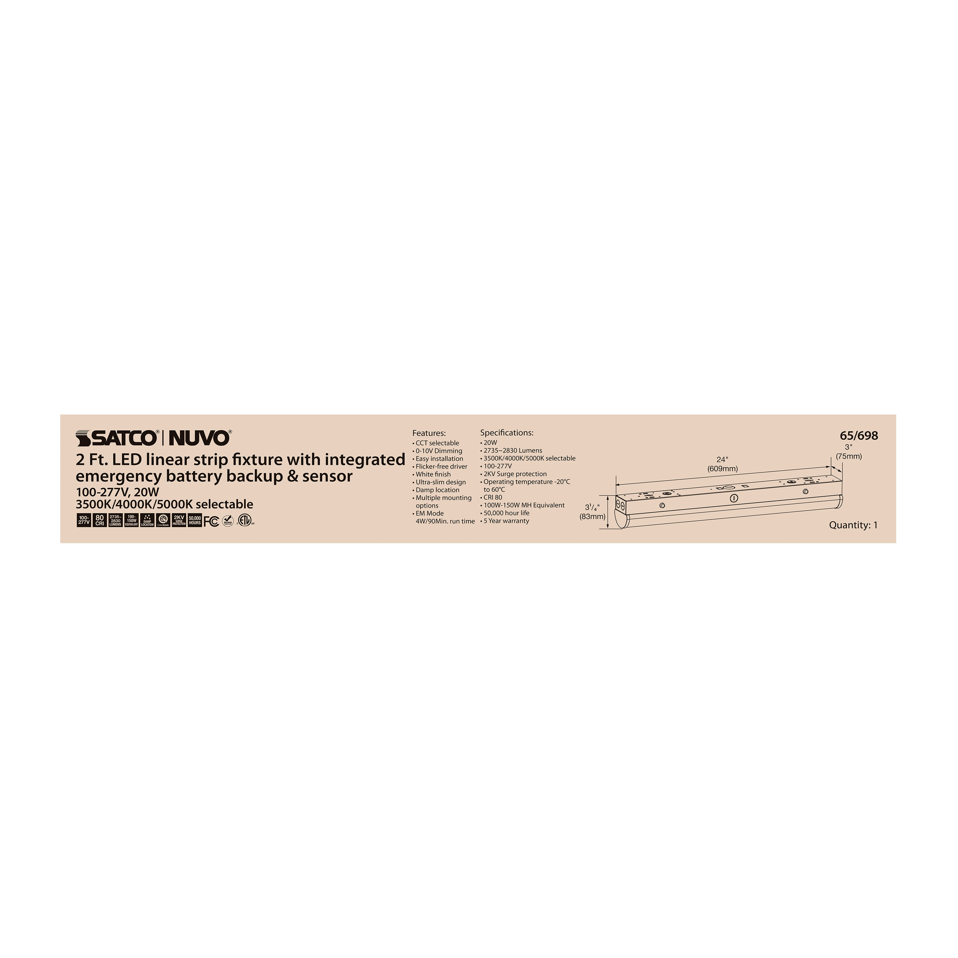 2' LINEAR STRIP W/ EM & SENSOR - 65-698