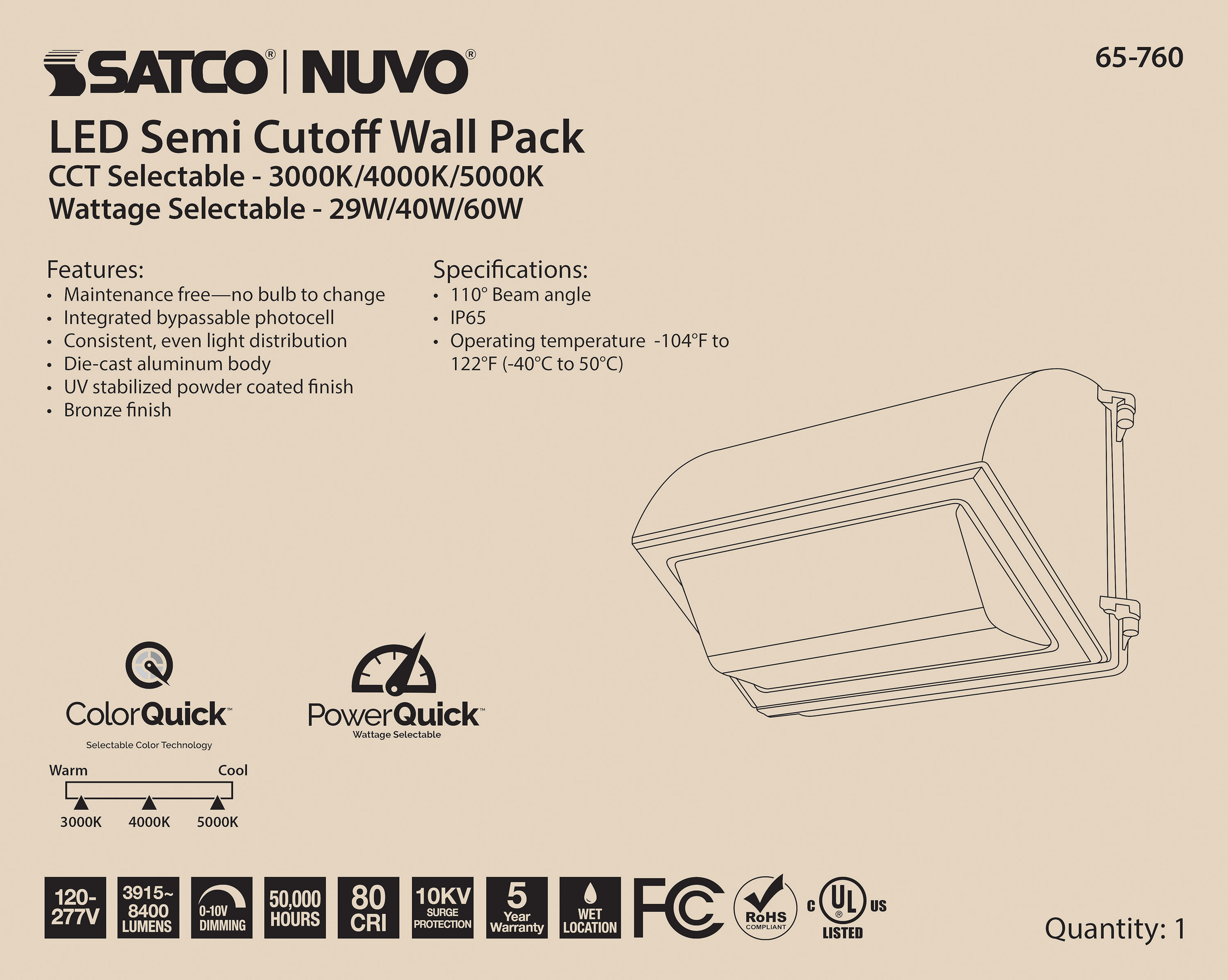 LED CUTOFF WALL PACK CCT&WATT - 65-760