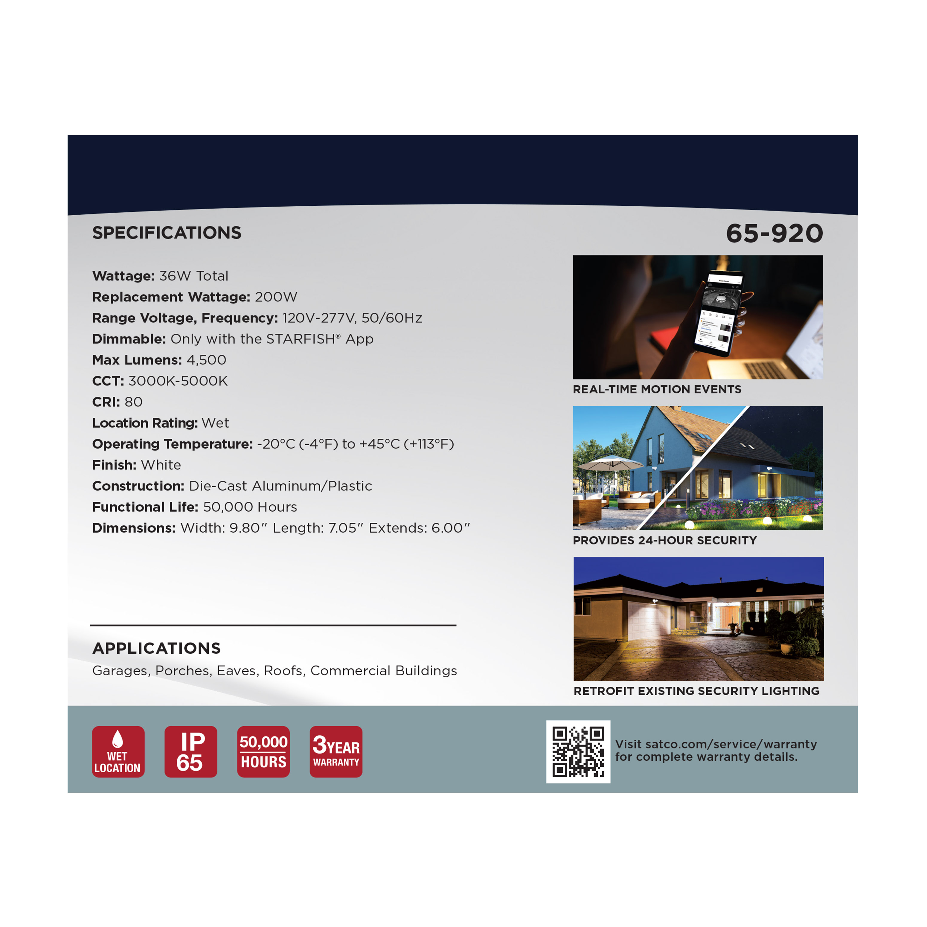 RECT SEC LGT W/ CAM-WHITE - 65-920