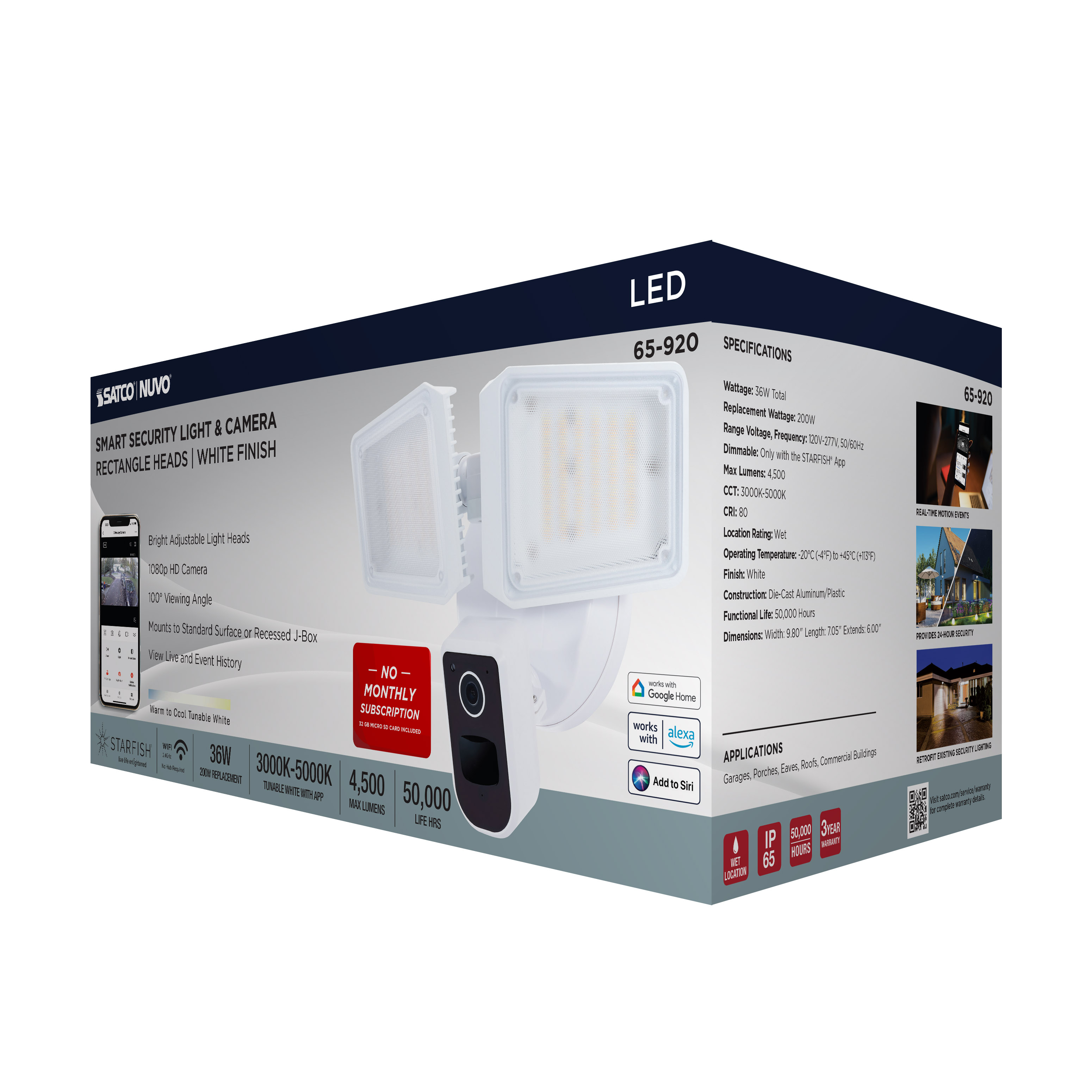 RECT SEC LGT W/ CAM-WHITE - 65-920