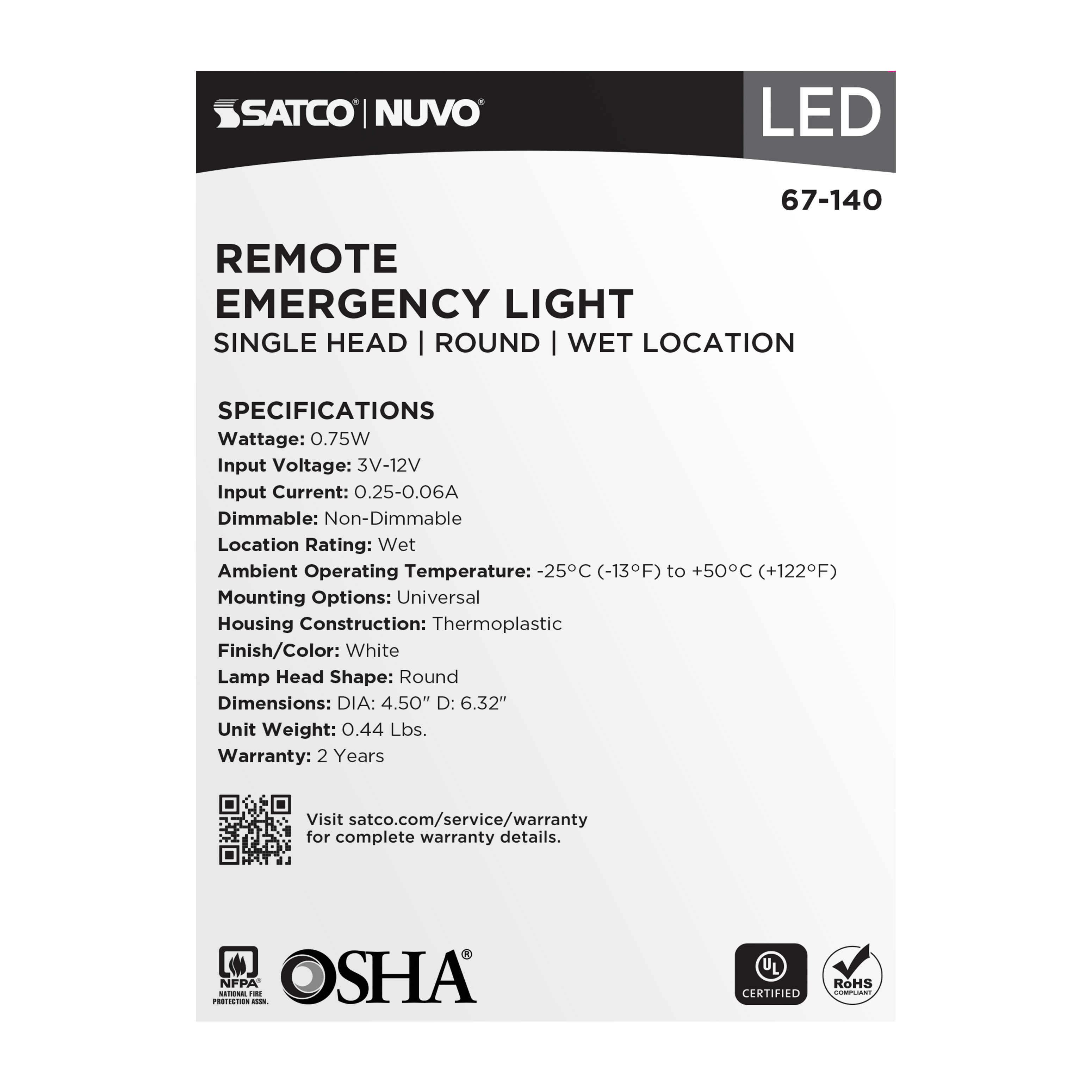 REMOTE EMERG LIGHT WP LP - 67-140