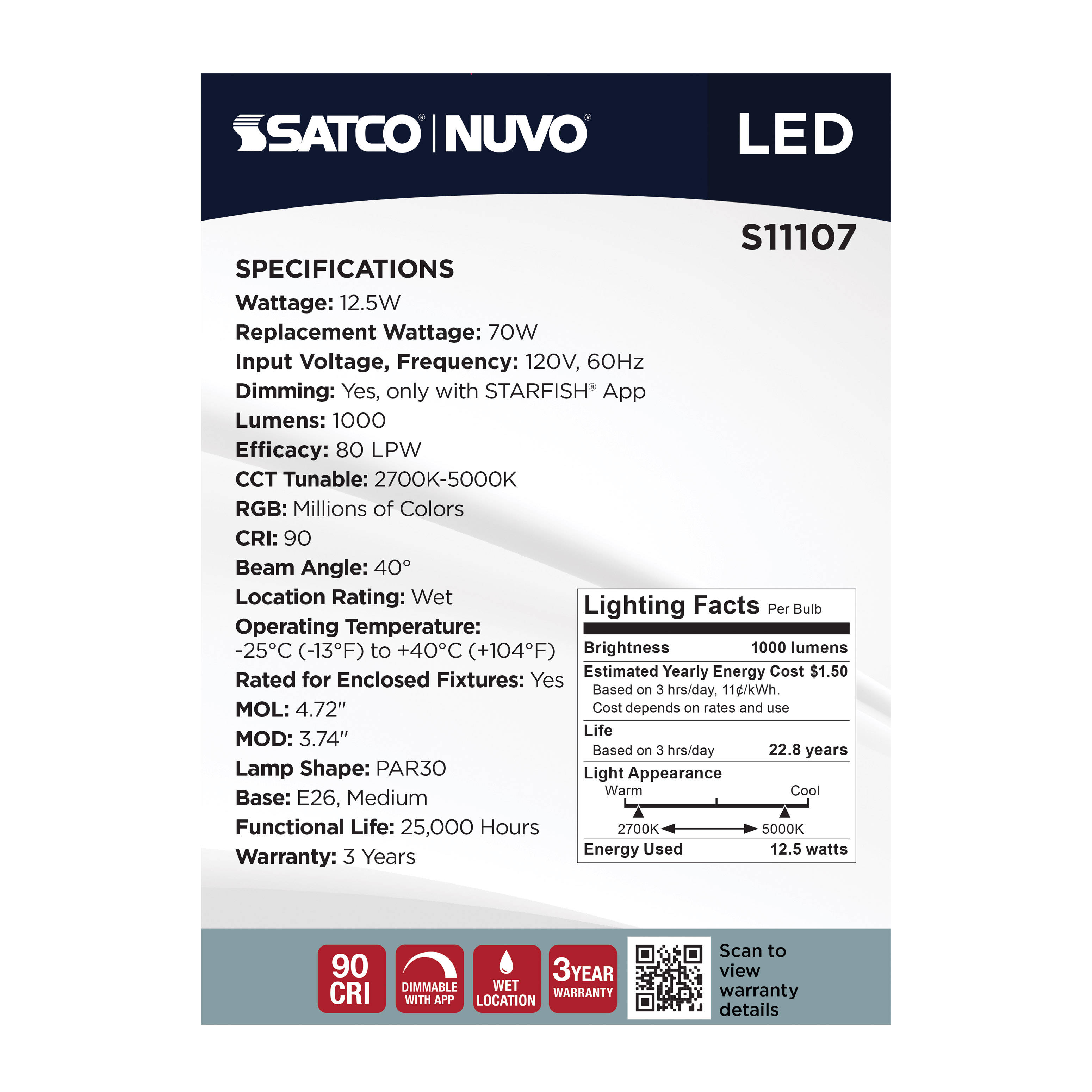 PAR30/12.5W/LED/RGBTW/SF - S11107