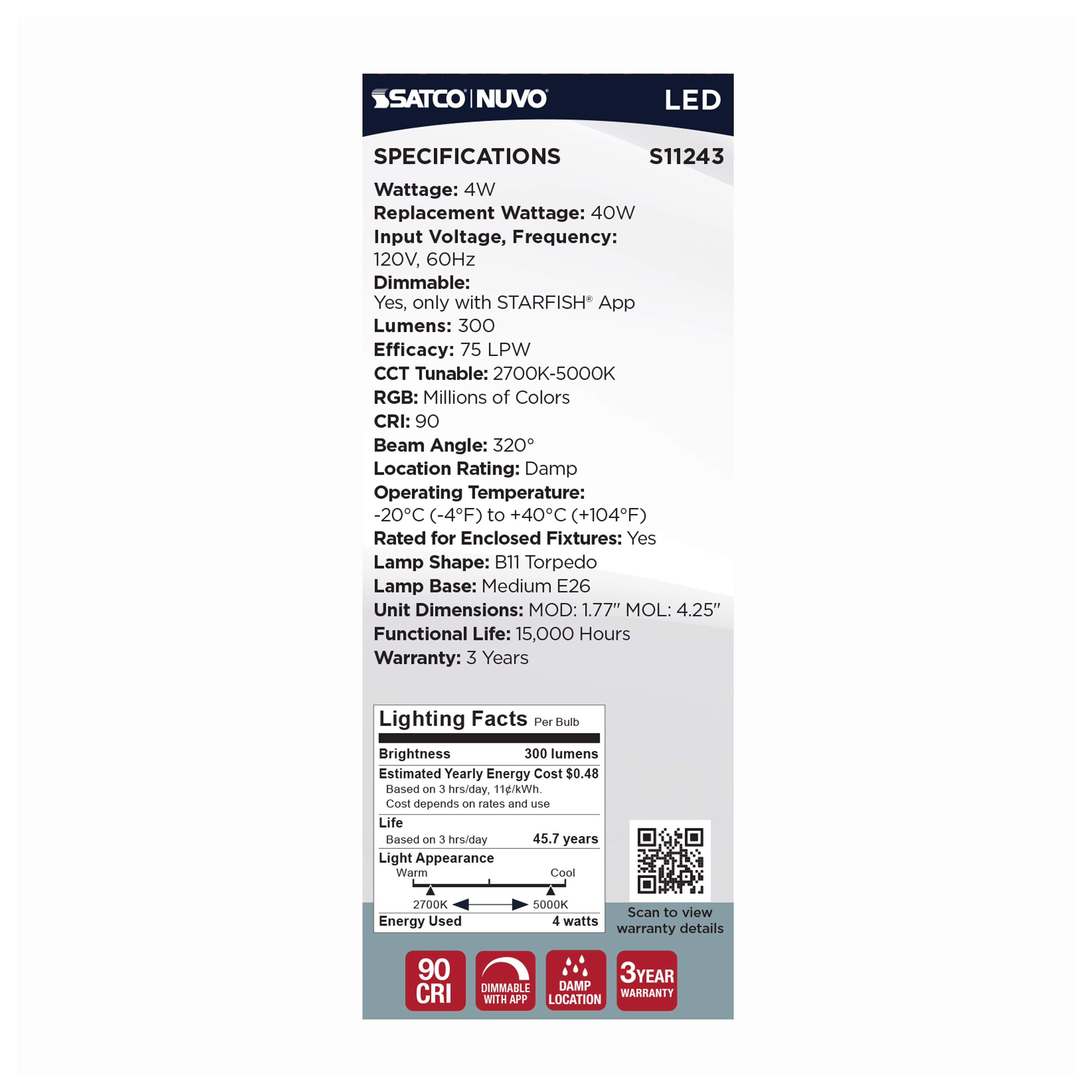 B11/4W/LED/RGBTW/CL/E26 - S11243