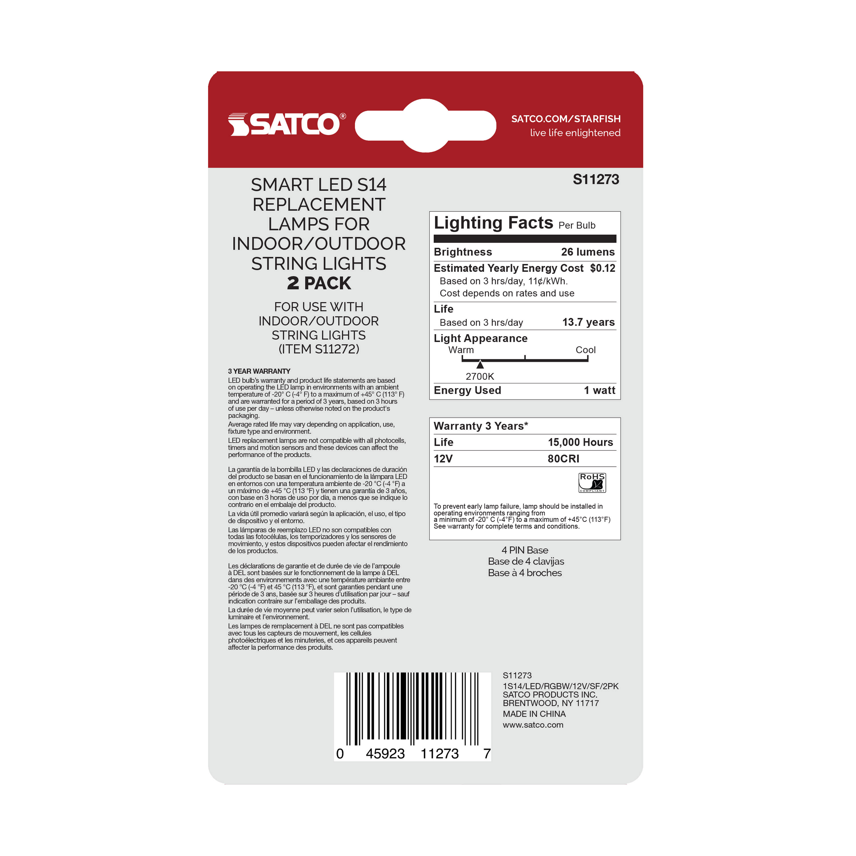 1S14/LED/RGBW/12V/SF/2PK - S11273