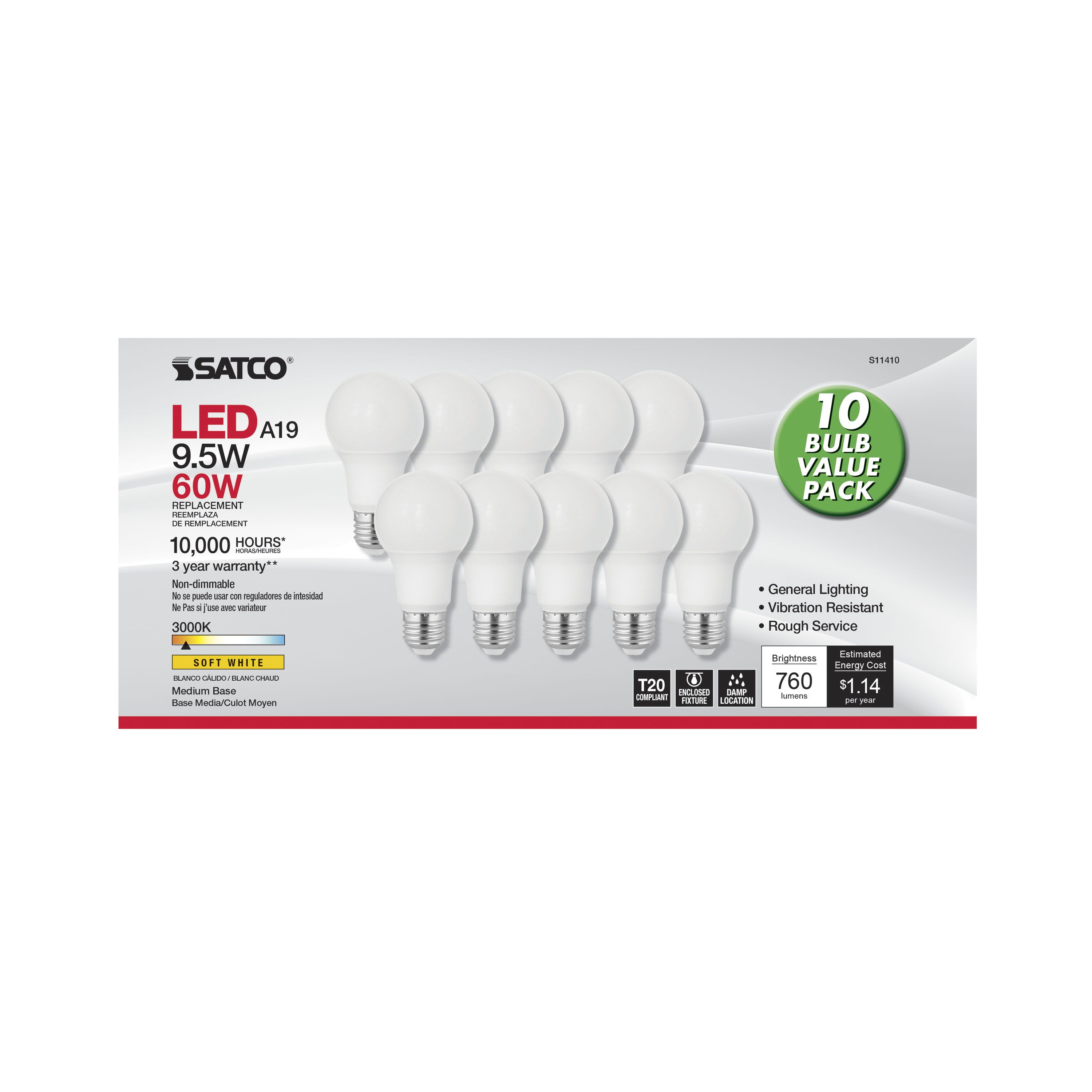 9.5A19/LED/930/120V/90CRI/10PK - S11410