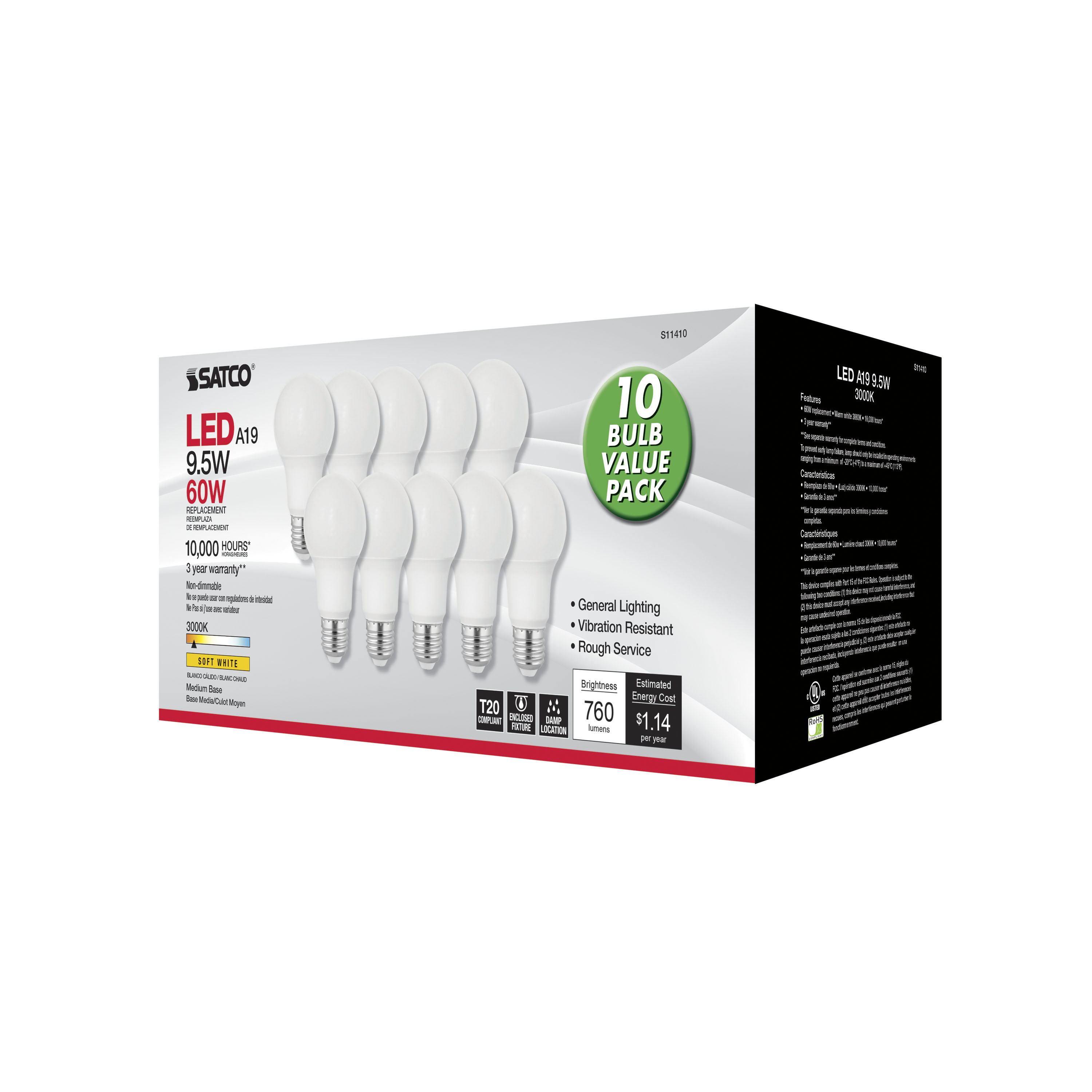 9.5A19/LED/930/120V/90CRI/10PK - S11410