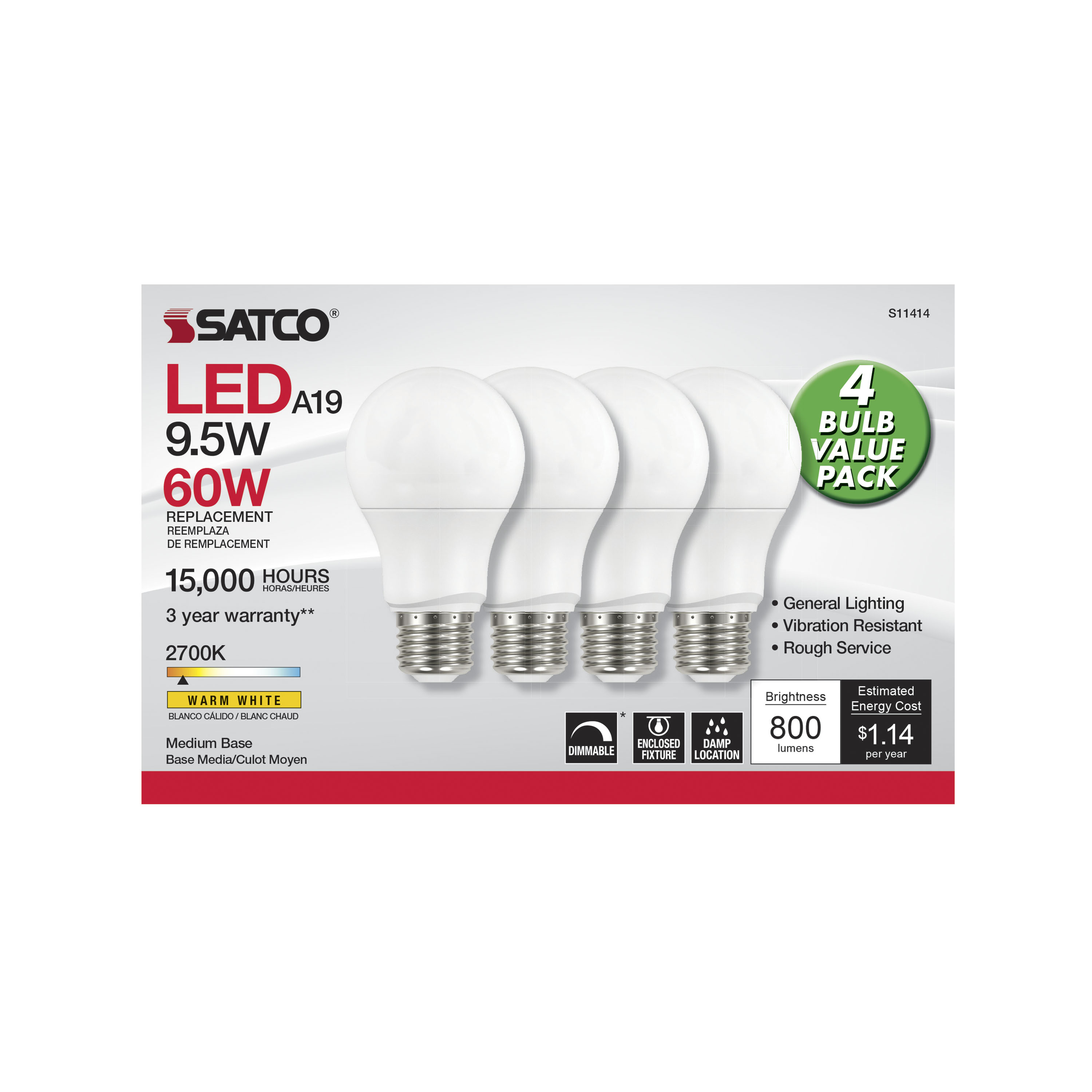 9.5A19/LED/827/120V/D/4PK - S11414