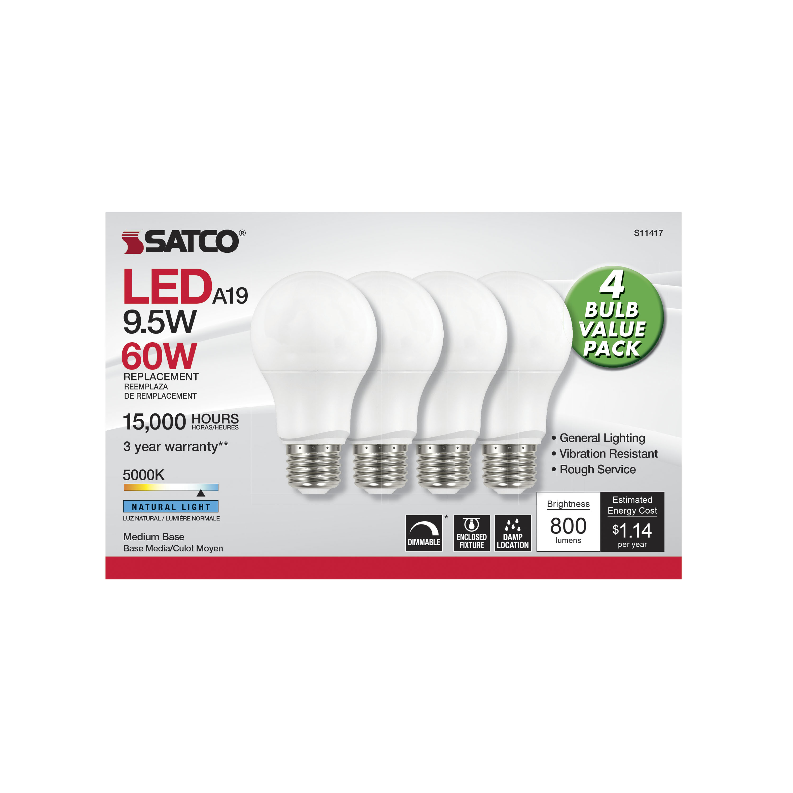 9.5A19/LED/850/120V/D/4PK - S11417