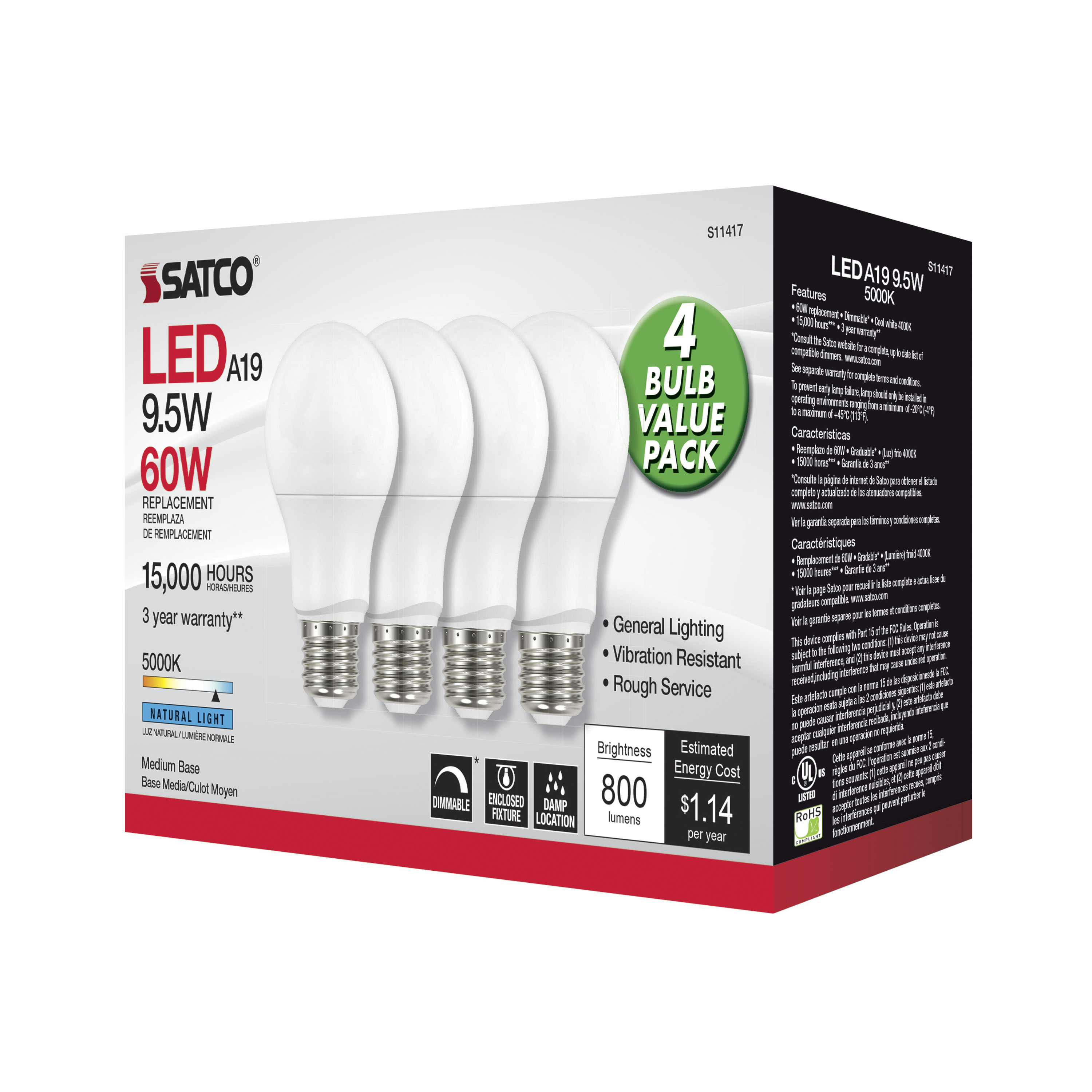 9.5A19/LED/850/120V/D/4PK - S11417