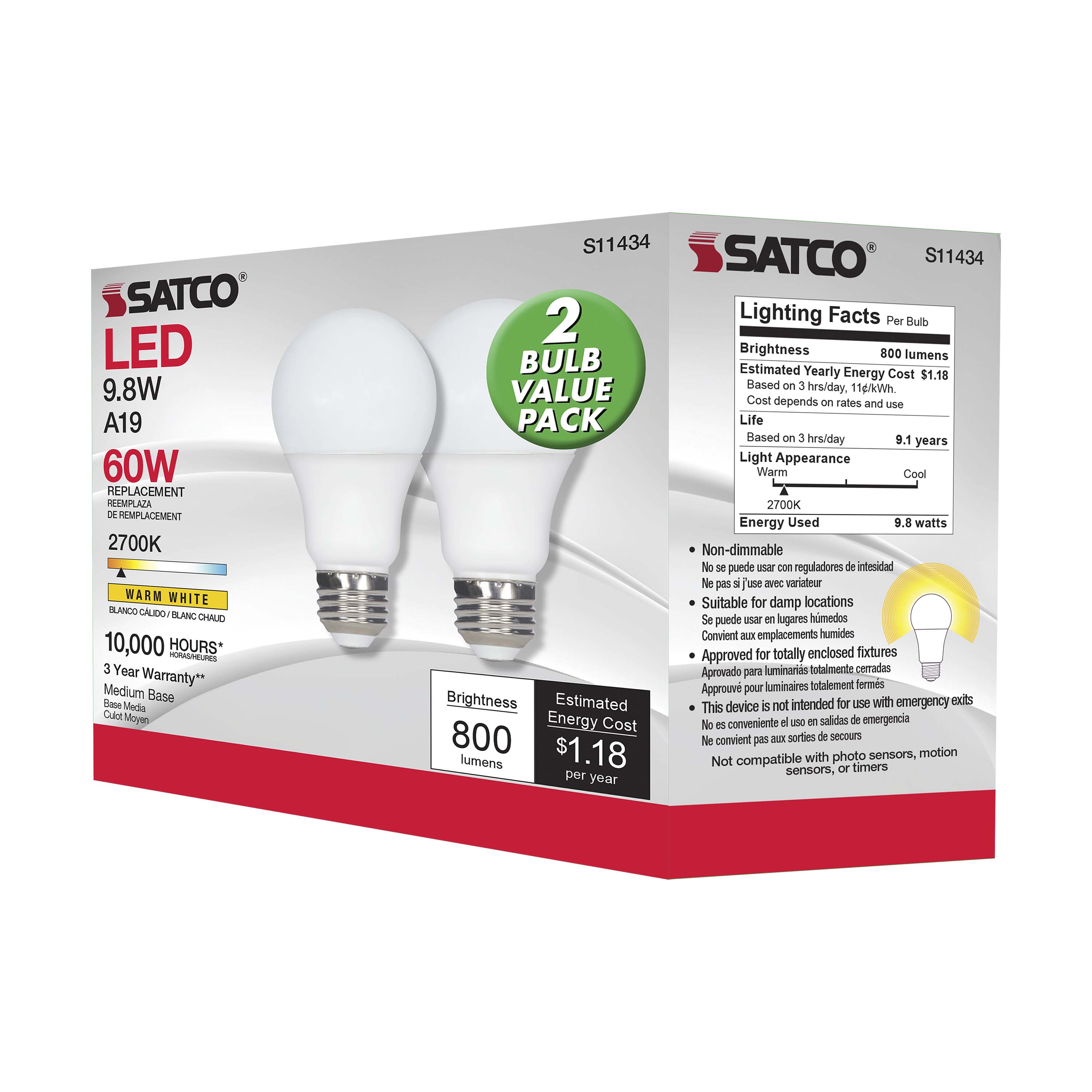 9.8A19/LED/827/ECO/ND/2PK - S11434