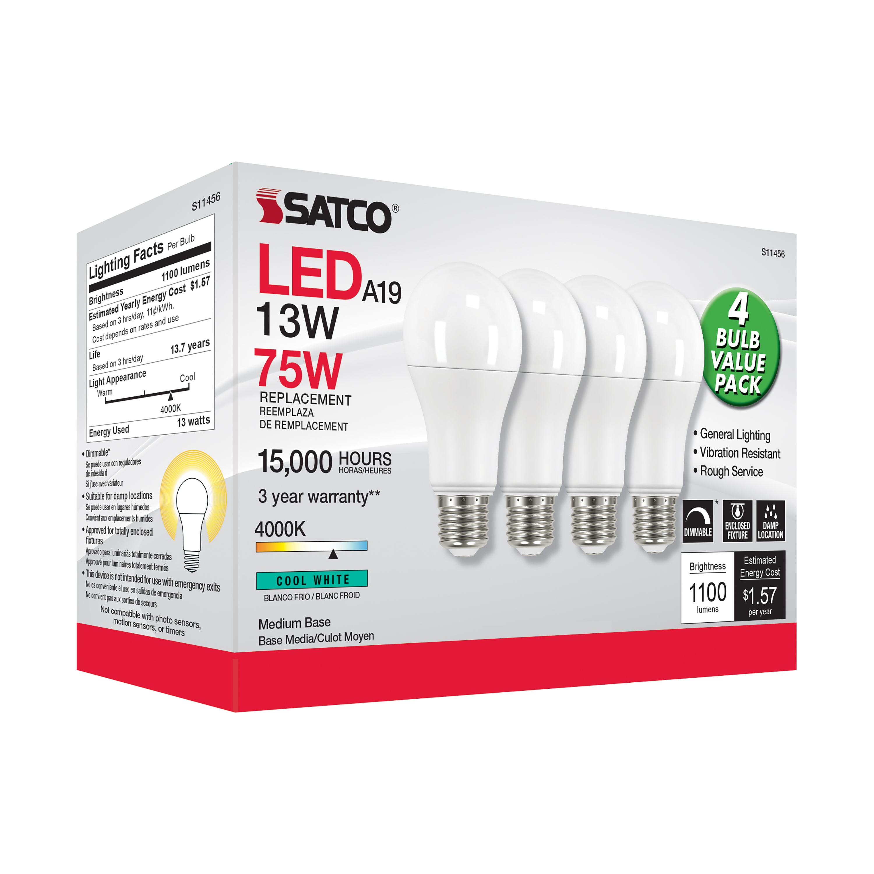 13A19/LED/840/120V/D/4PK - S11456