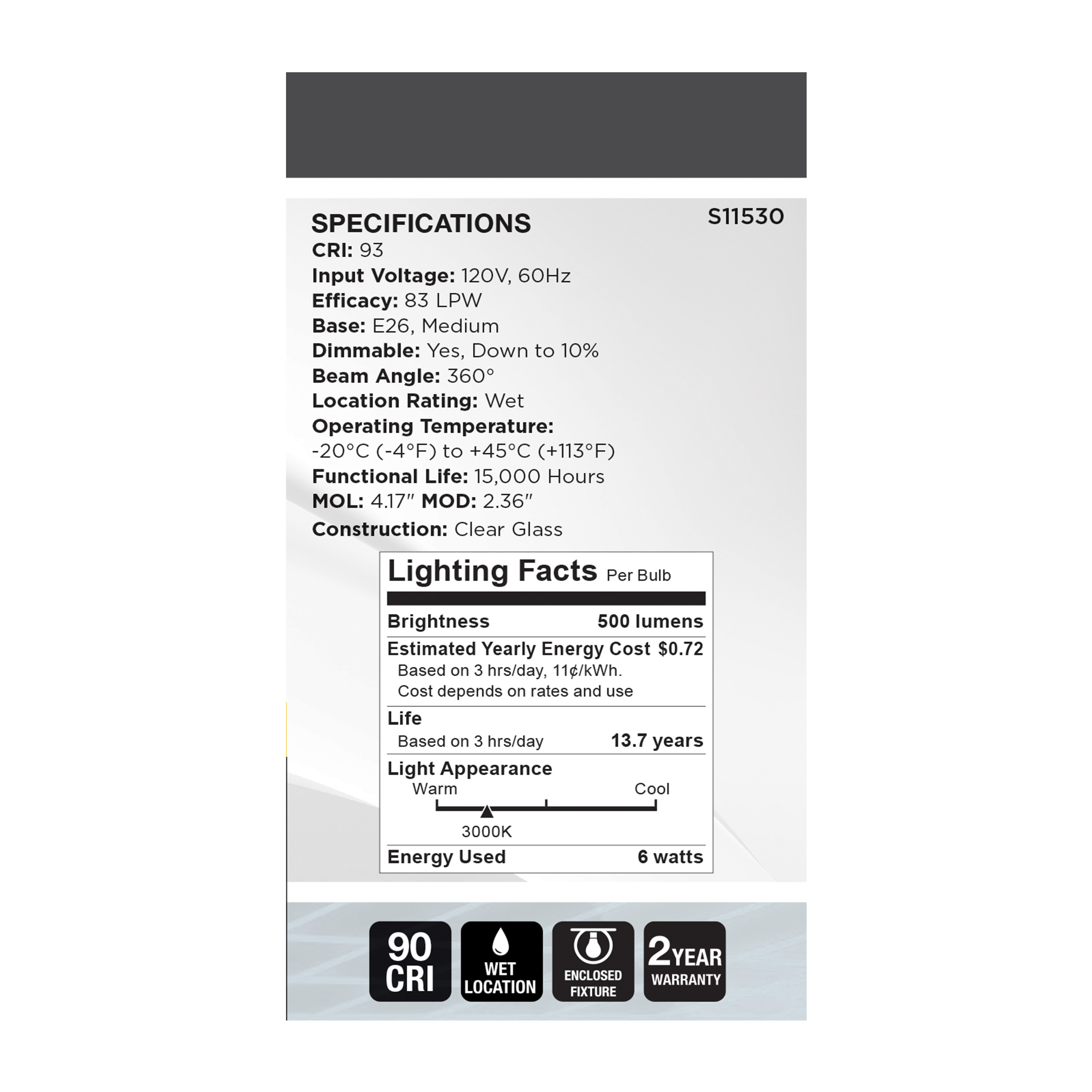 6A19/CL/LED-GF/COIL/930/E26 - S11530