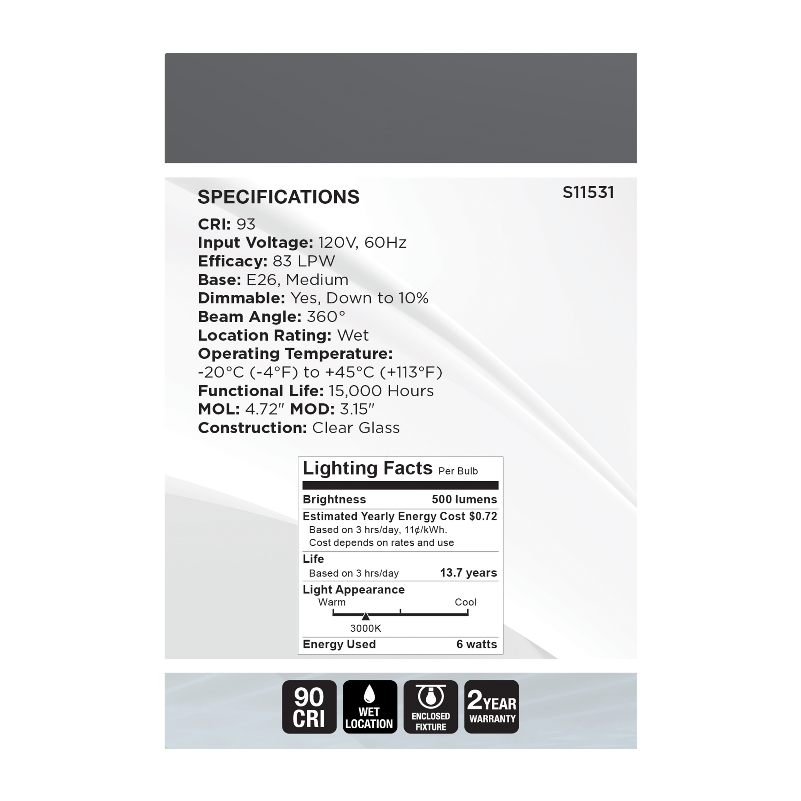 6G25/CL/LED-GF/COIL/930/E26 - S11531