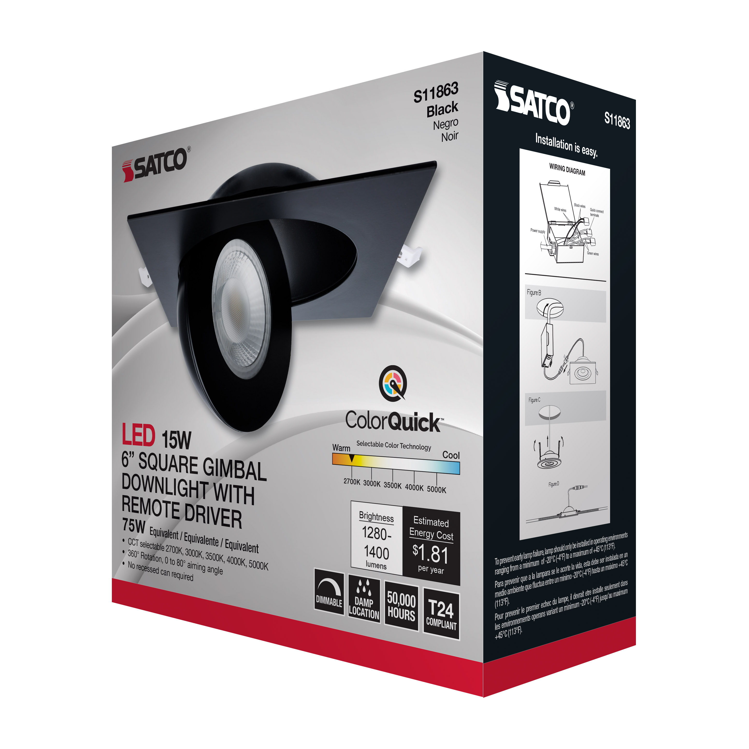 S11863 15WLED/GBL/6/CCT/SQ/BLK