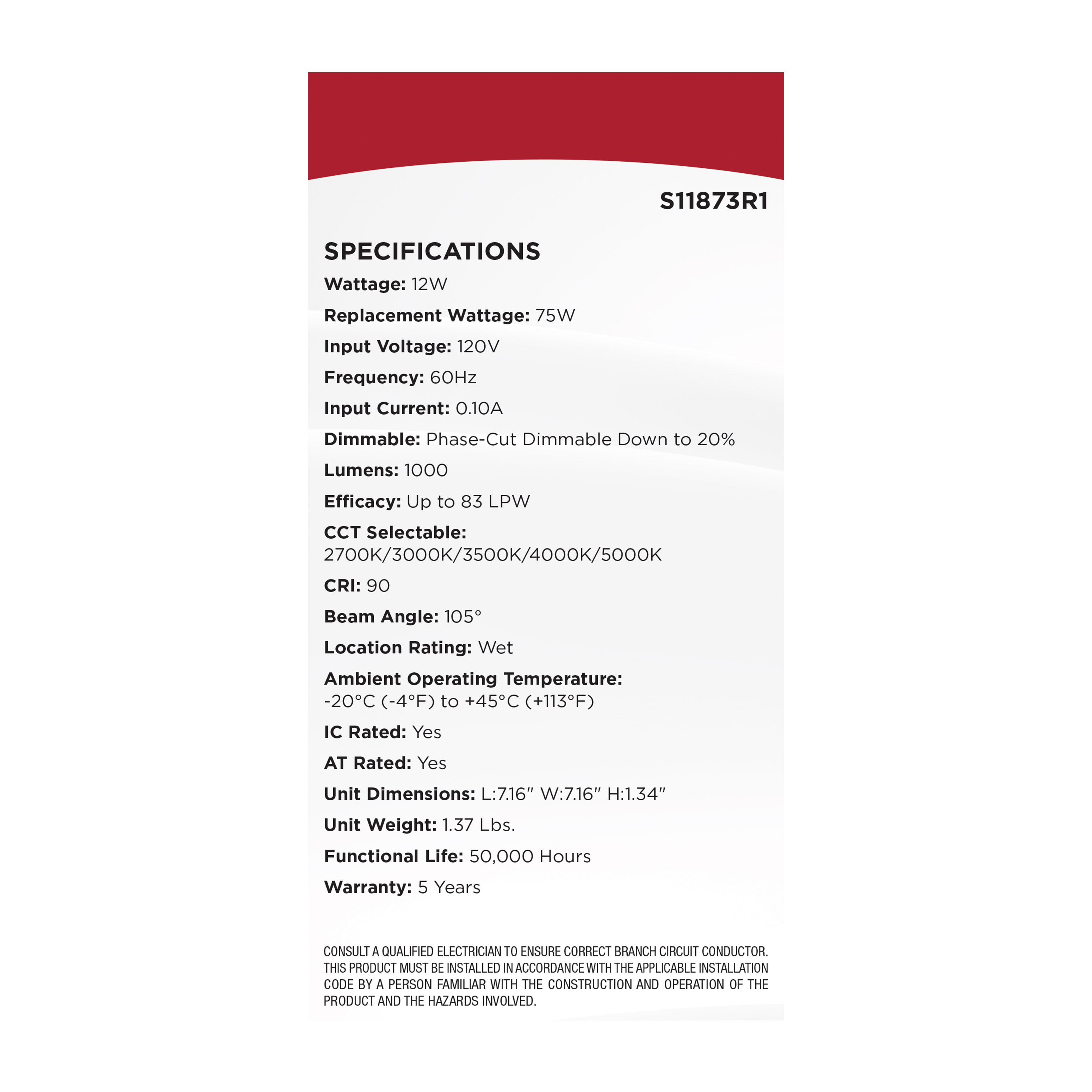 12WLED/DW/6/CCT-SEL/SQ/RD/WH - S11873R1