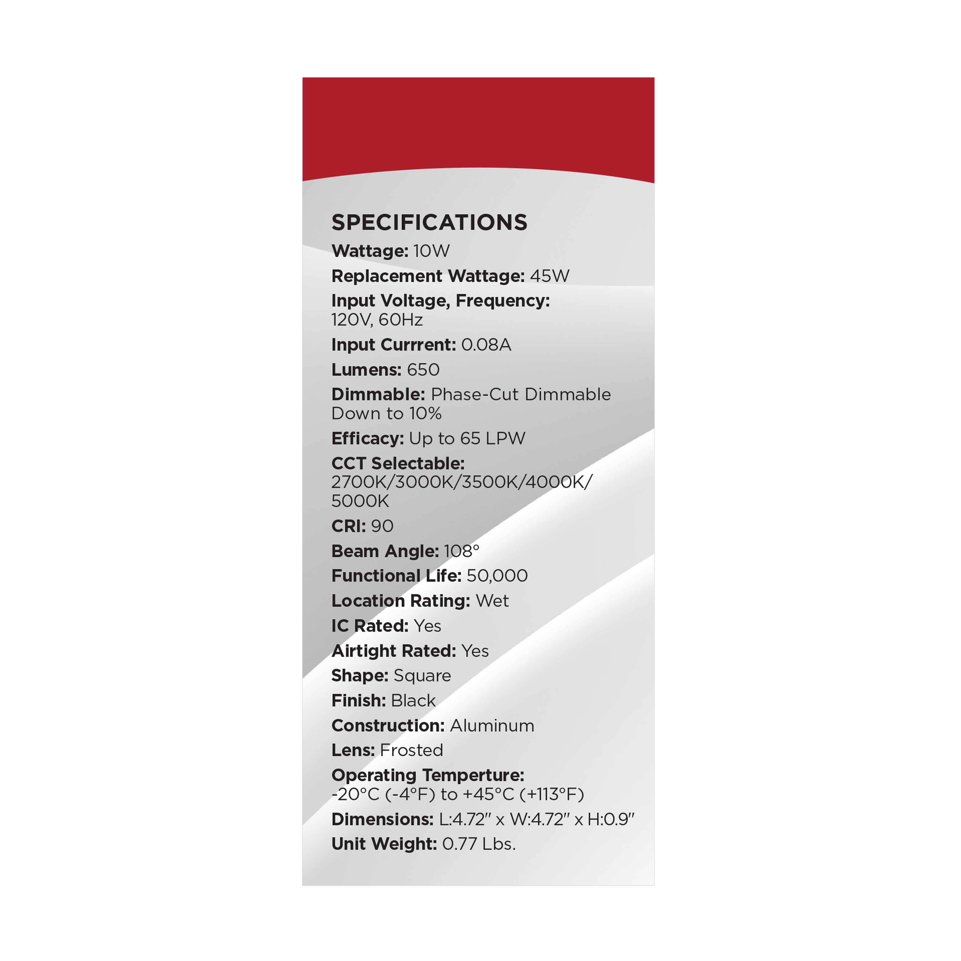 10WLED/DW/4/CCT-SEL/SQ/RD/BK - S11876