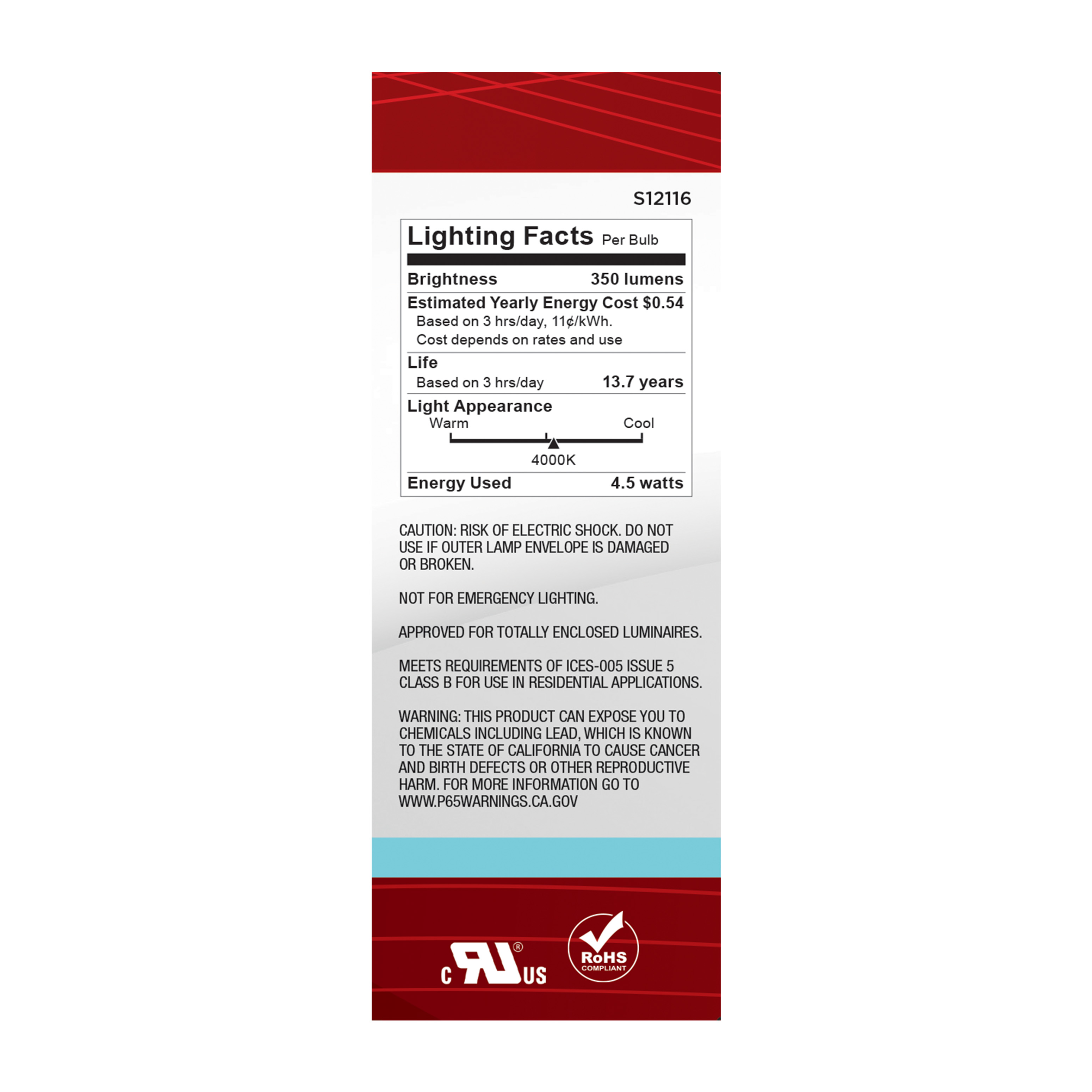 4.5W/TORP/EURO-E14/CL/840/120V - S12116