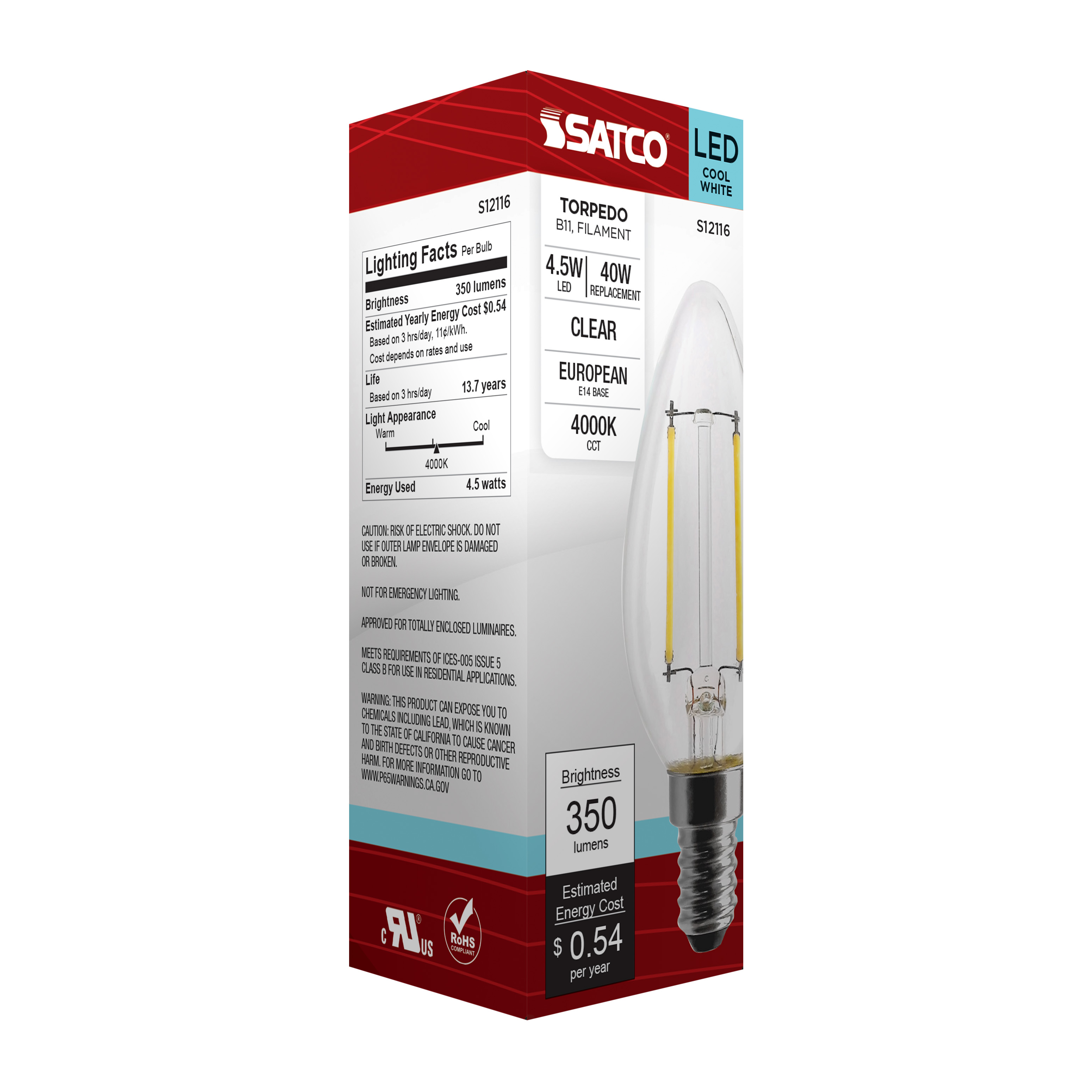 4.5W/TORP/EURO-E14/CL/840/120V - S12116