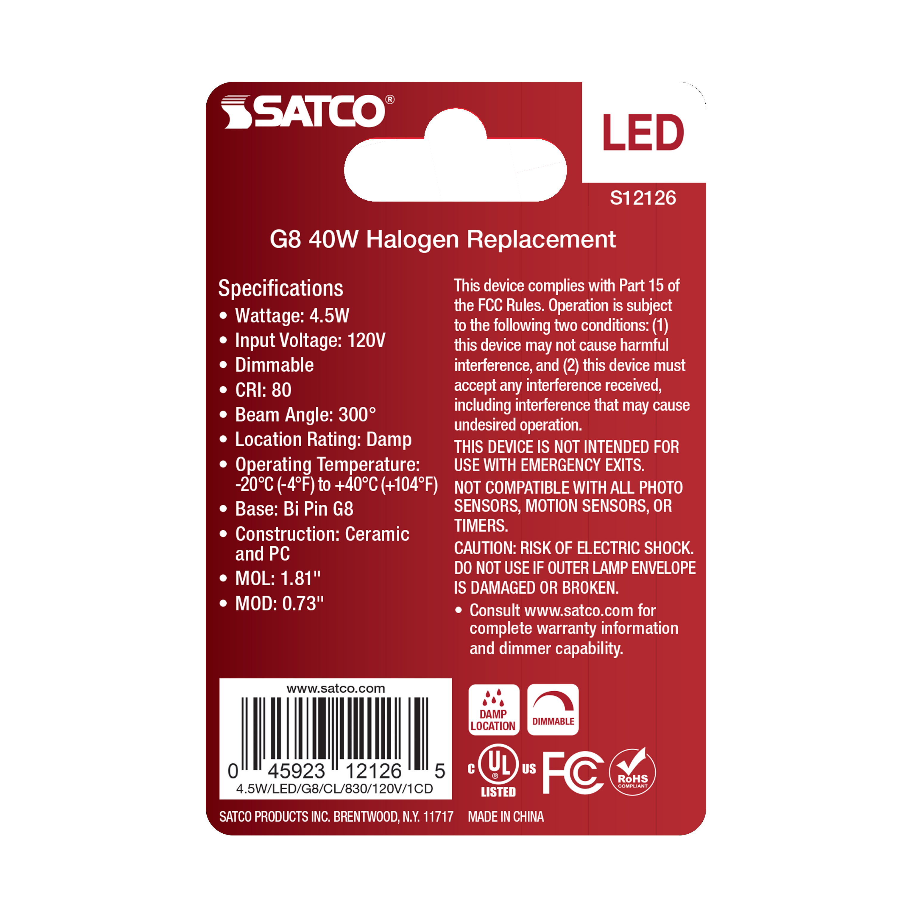 4.5W/LED/G8/CL/830/120V/1CD - S12126