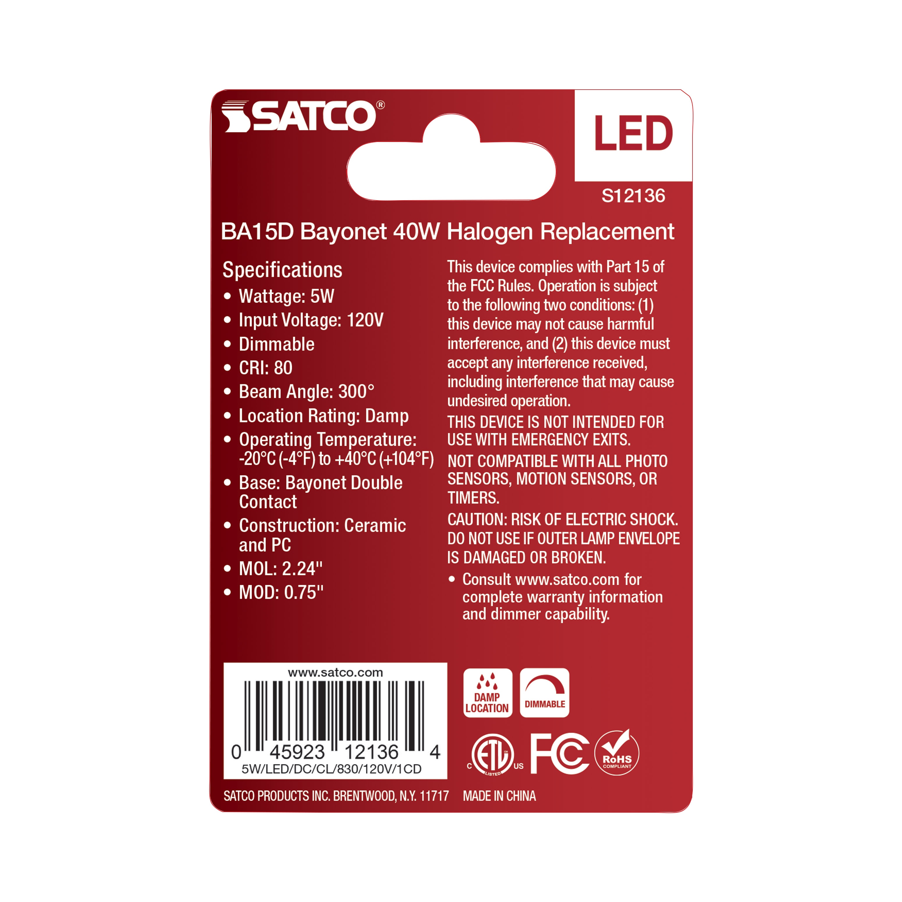 5W/LED/DC/CL/830/120V/1CD - S12136