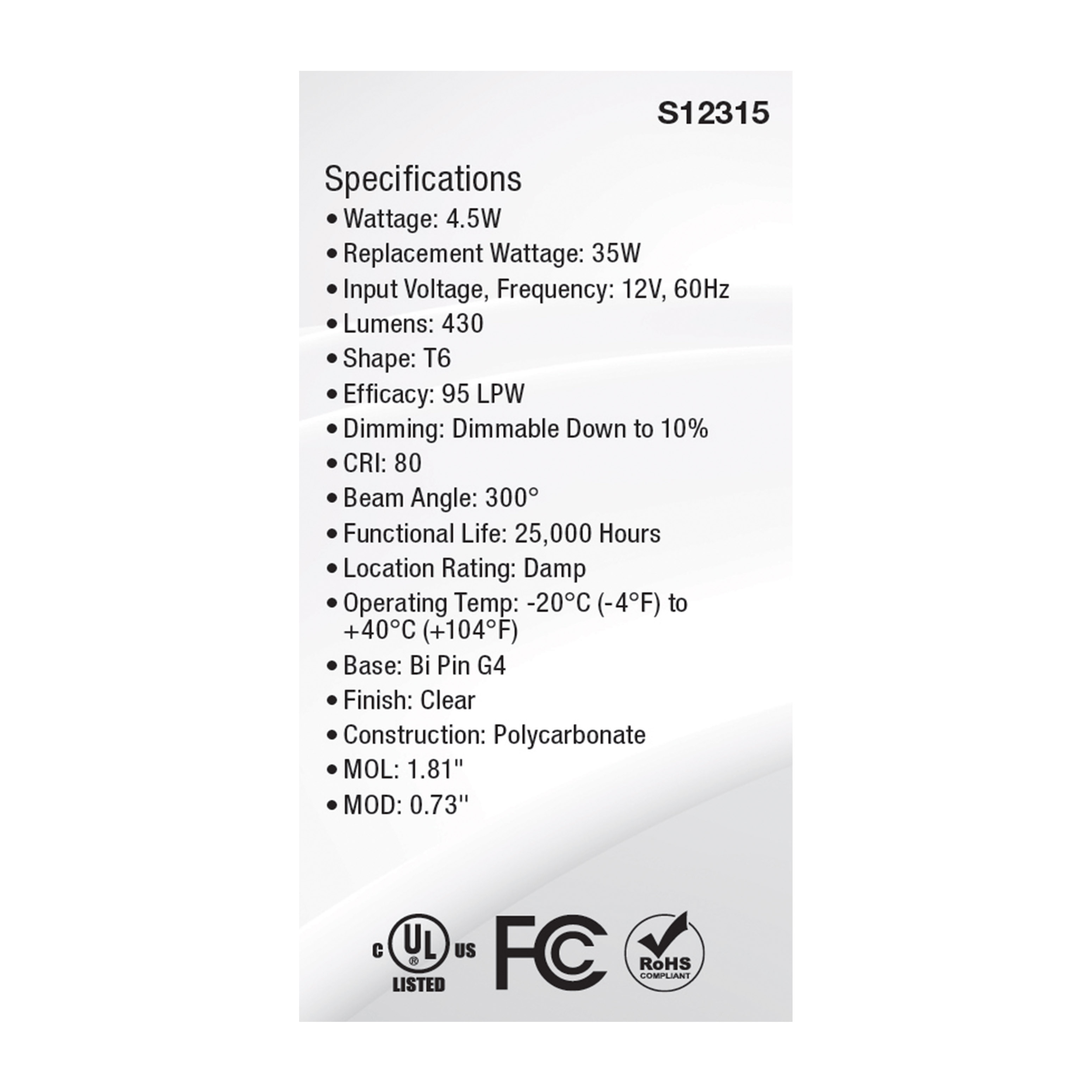 4.5W/LED/G4/CL/850/12V - S12315