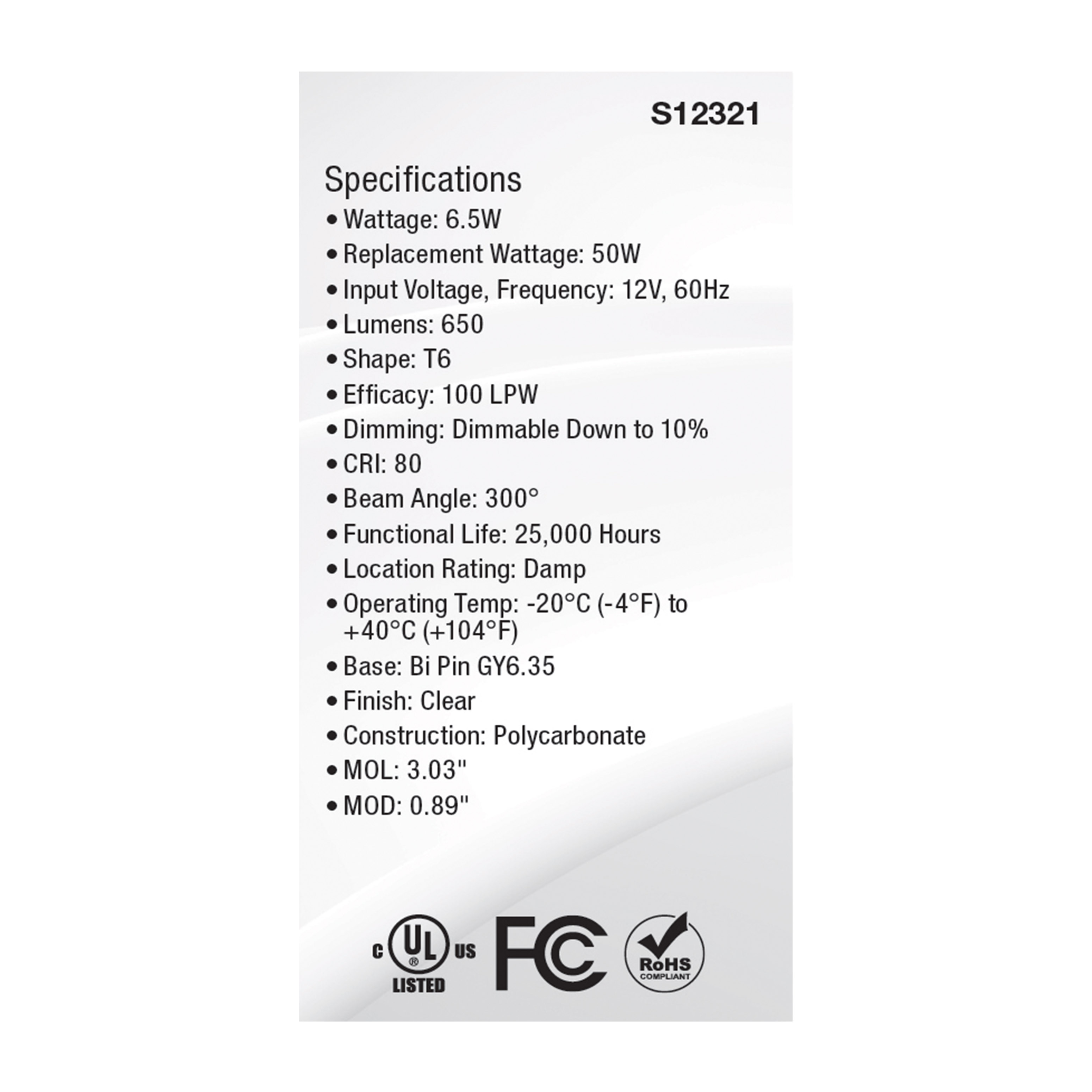 6.5W/LED/GY6.35/CL/850/12V - S12321