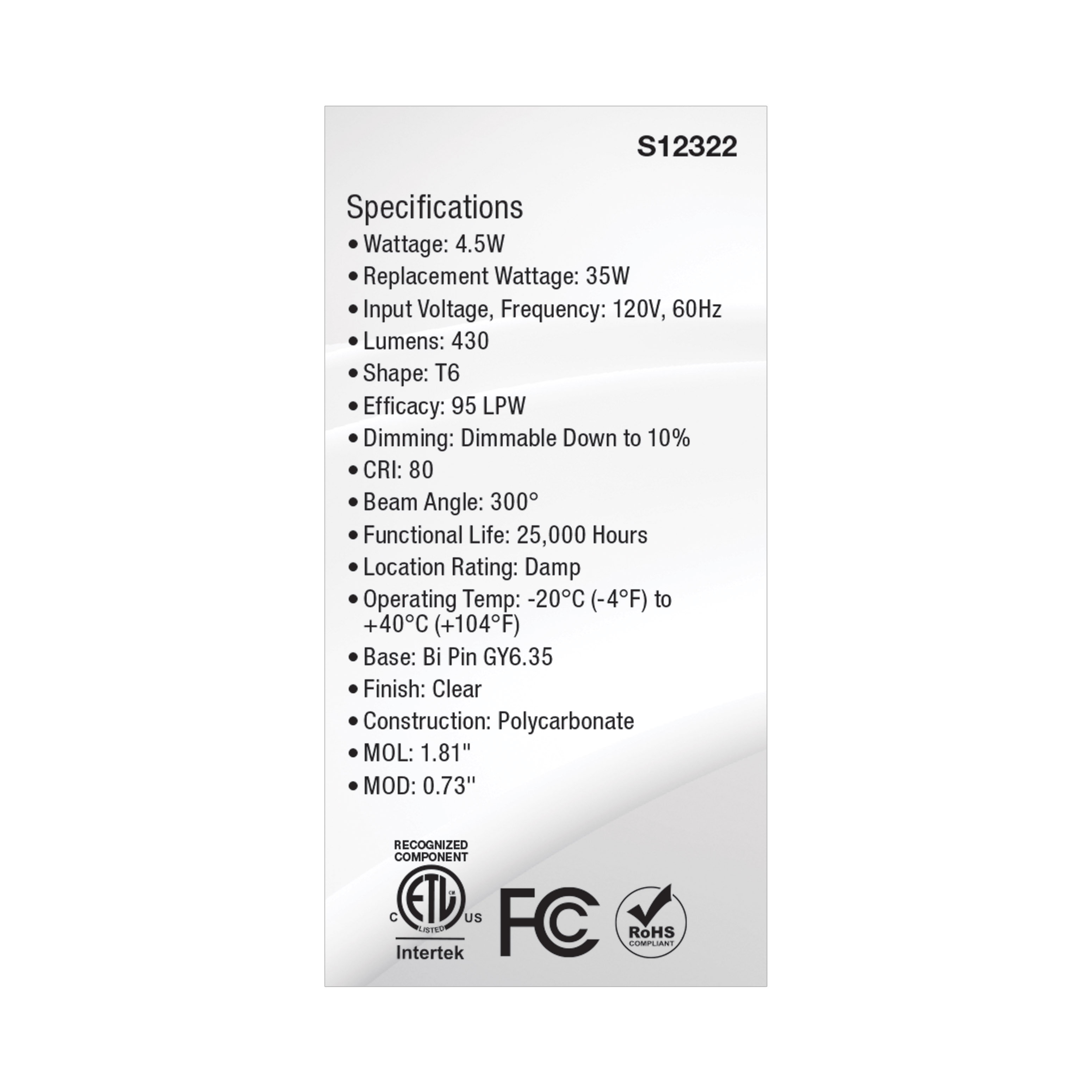 S12322 4.5W/LED/GY6.35/CL/830/120V