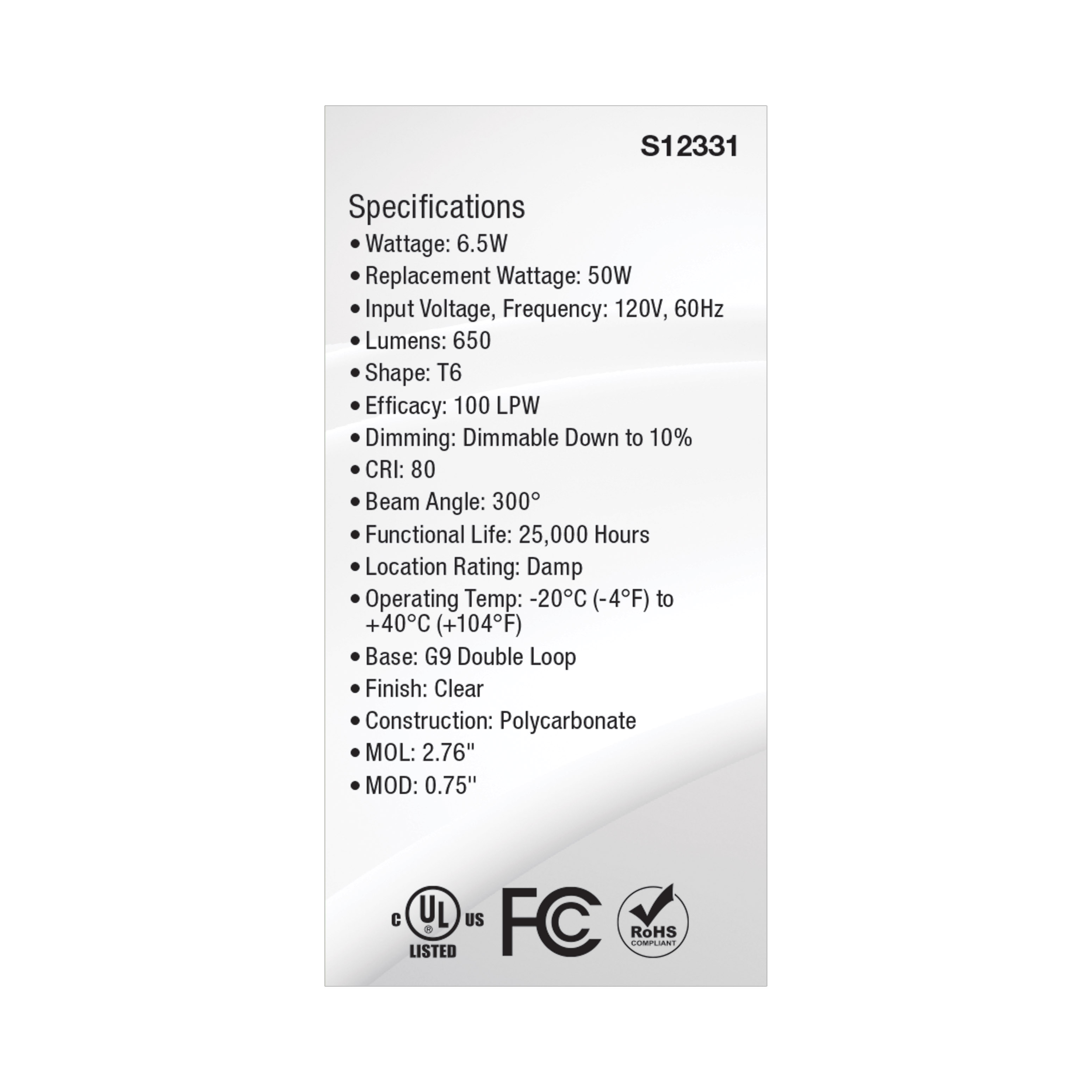 6.5W/LED/G9/CL/830/120V - S12331
