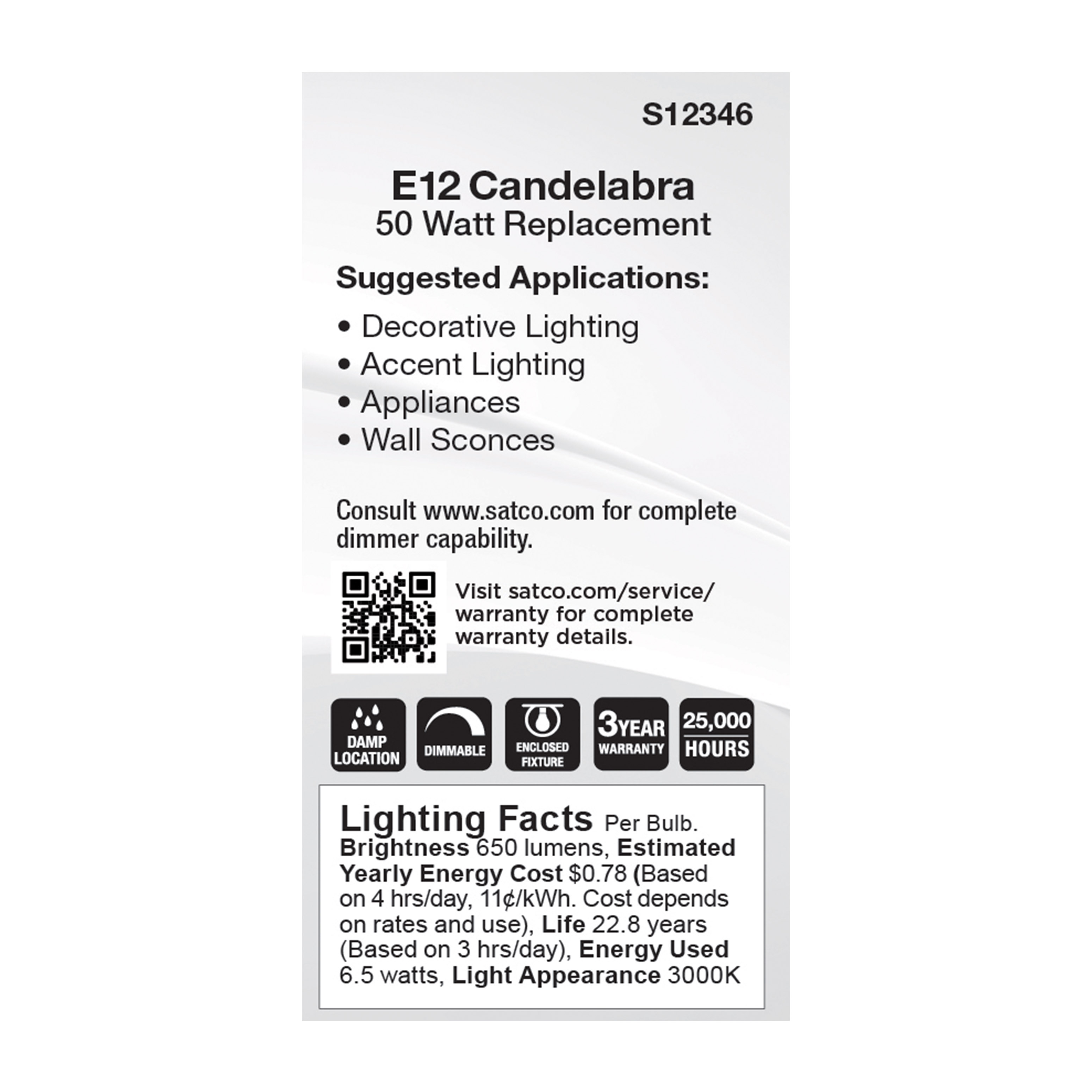 6.5W/LED/E12/CL/830/120V - S12346