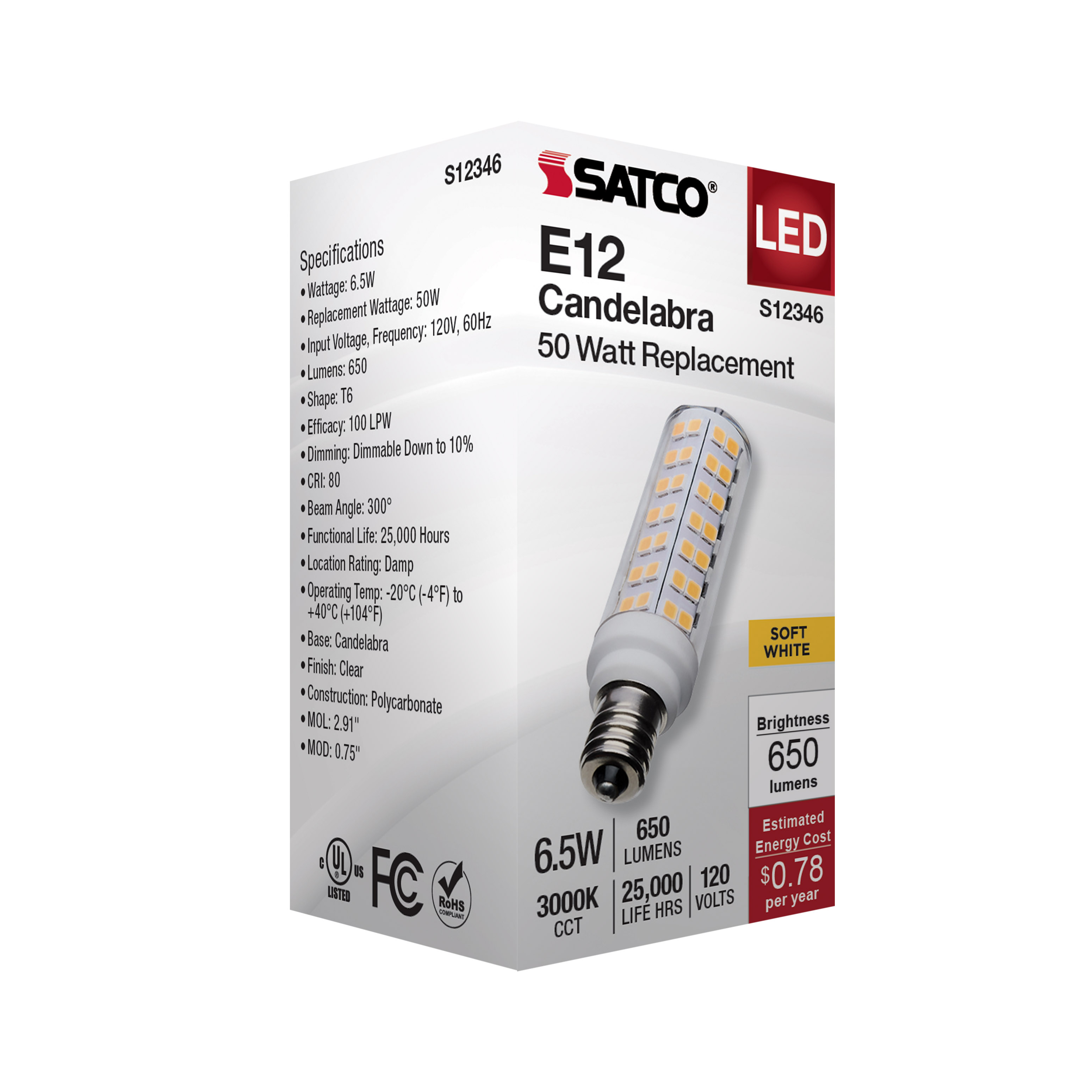 6.5W/LED/E12/CL/830/120V - S12346