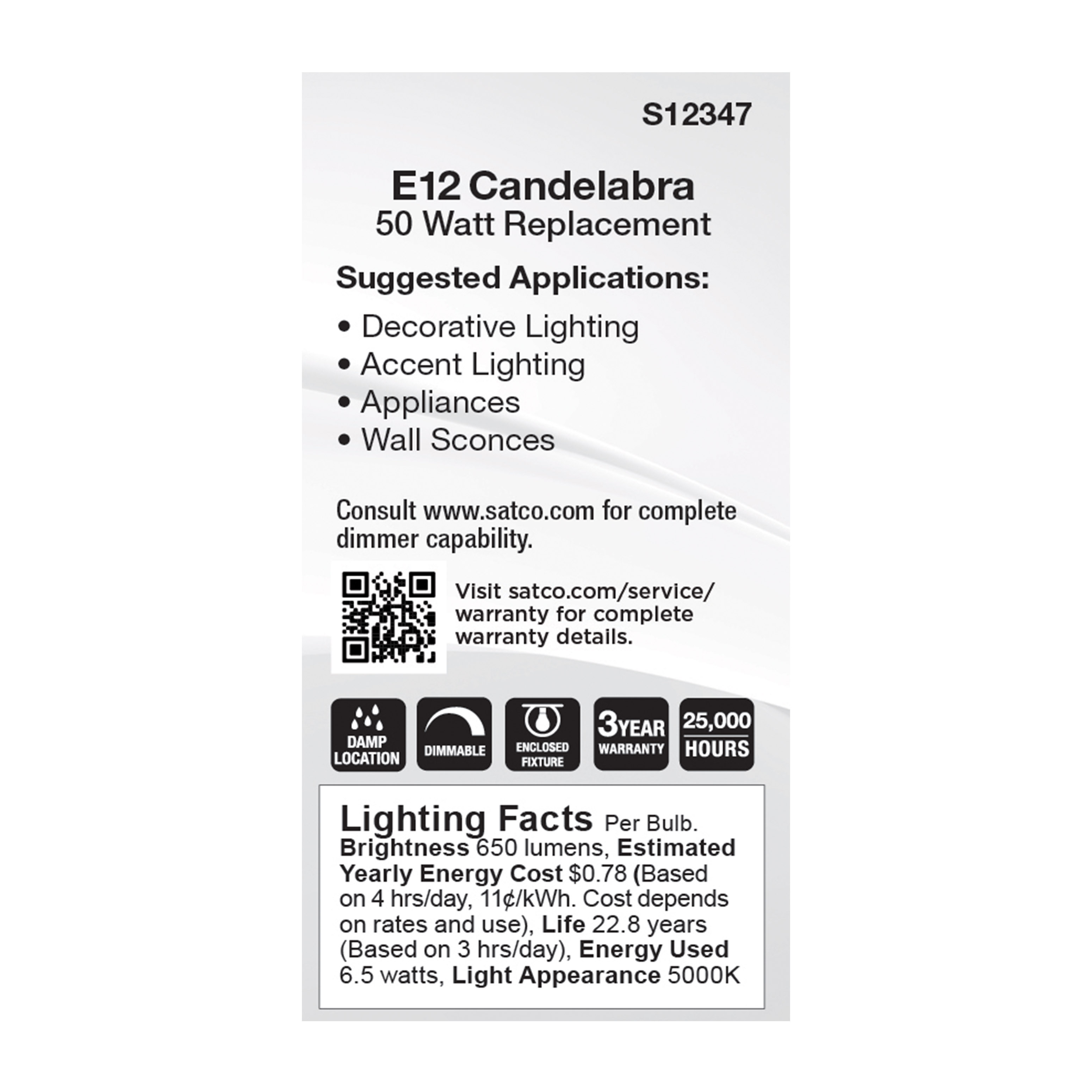 6.5W/LED/E12/CL/850/120V - S12347