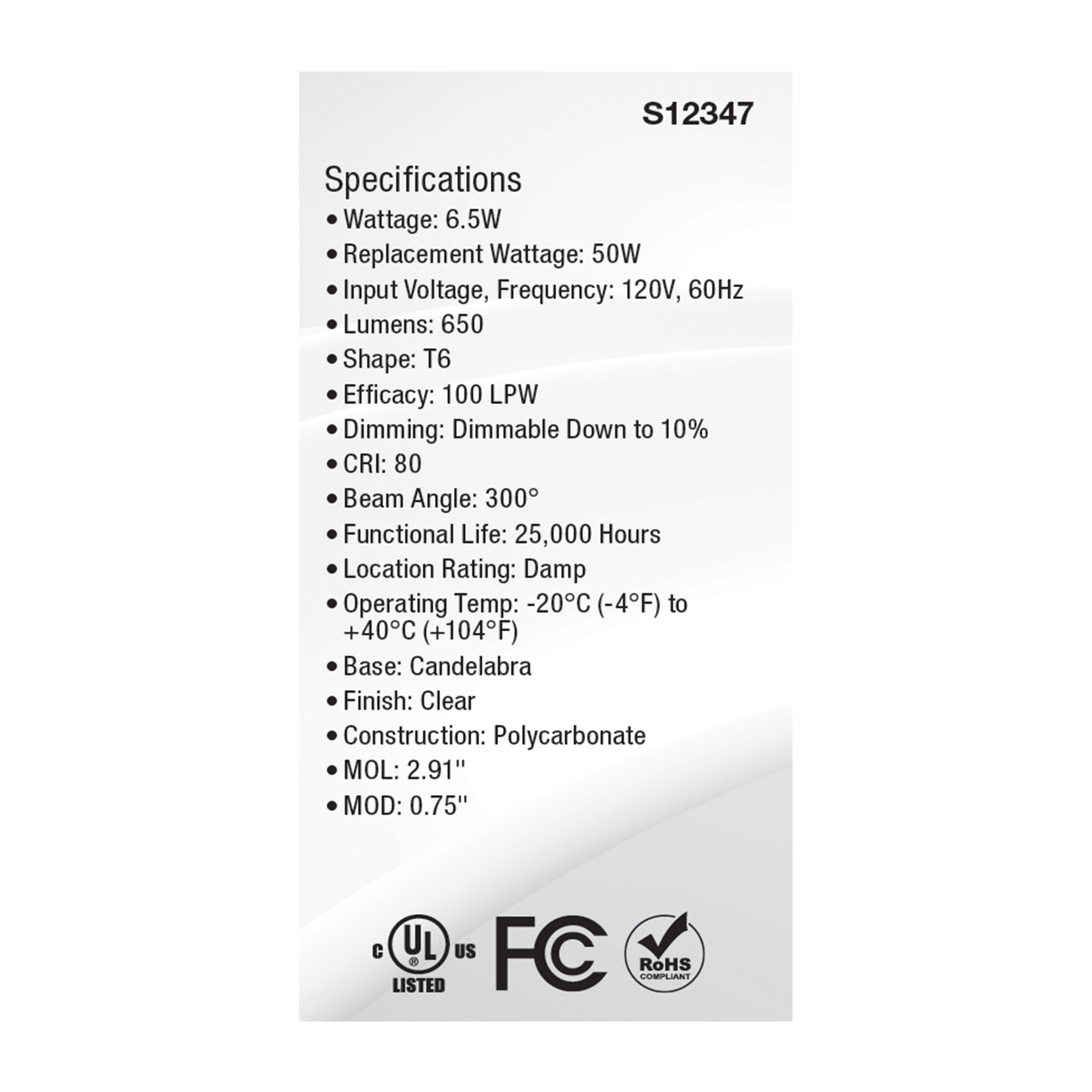 6.5W/LED/E12/CL/850/120V - S12347