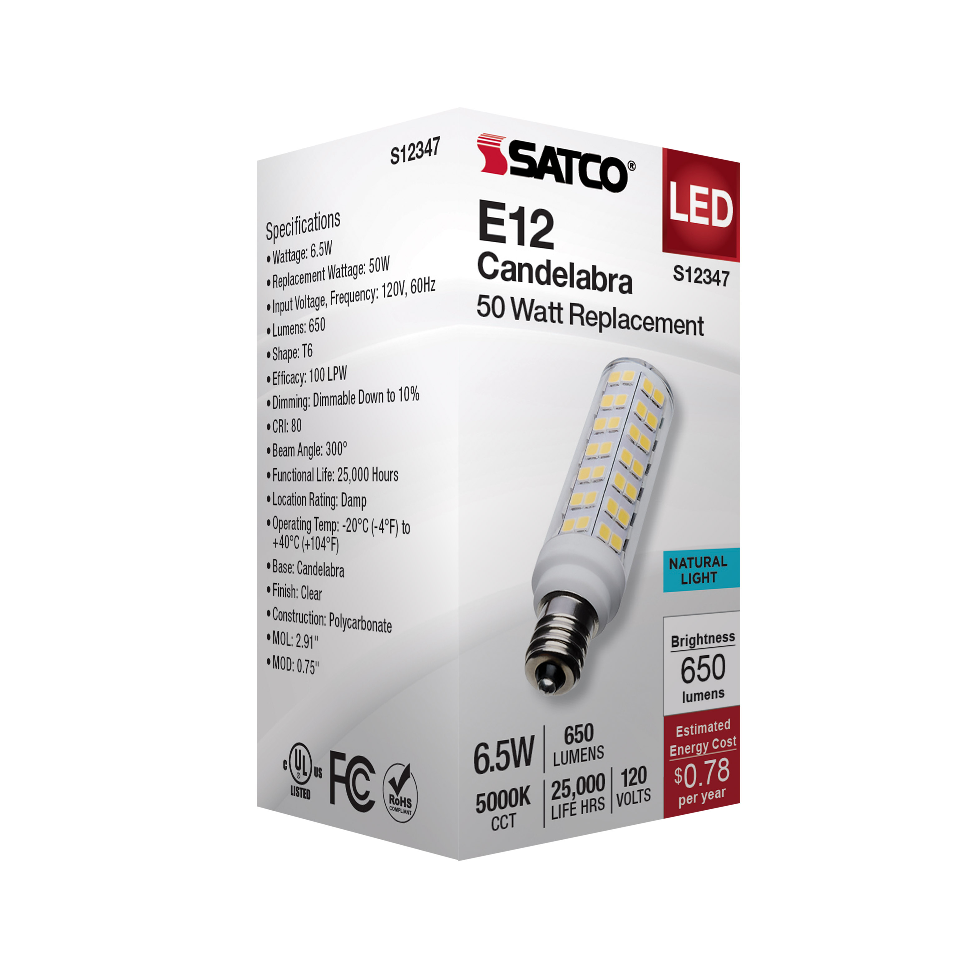 6.5W/LED/E12/CL/850/120V - S12347