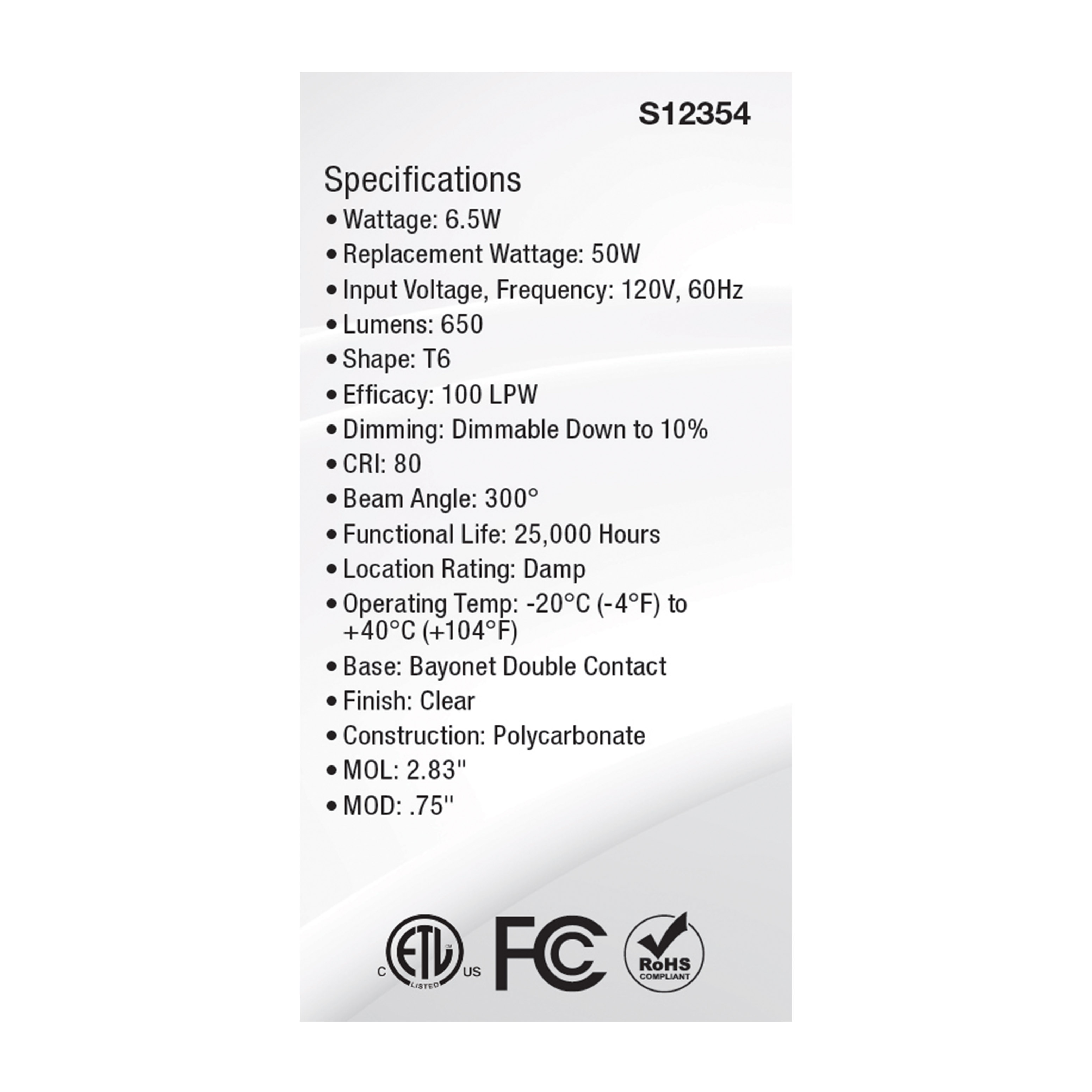 6.5W/LED/DC/CL/830/120V - S12354