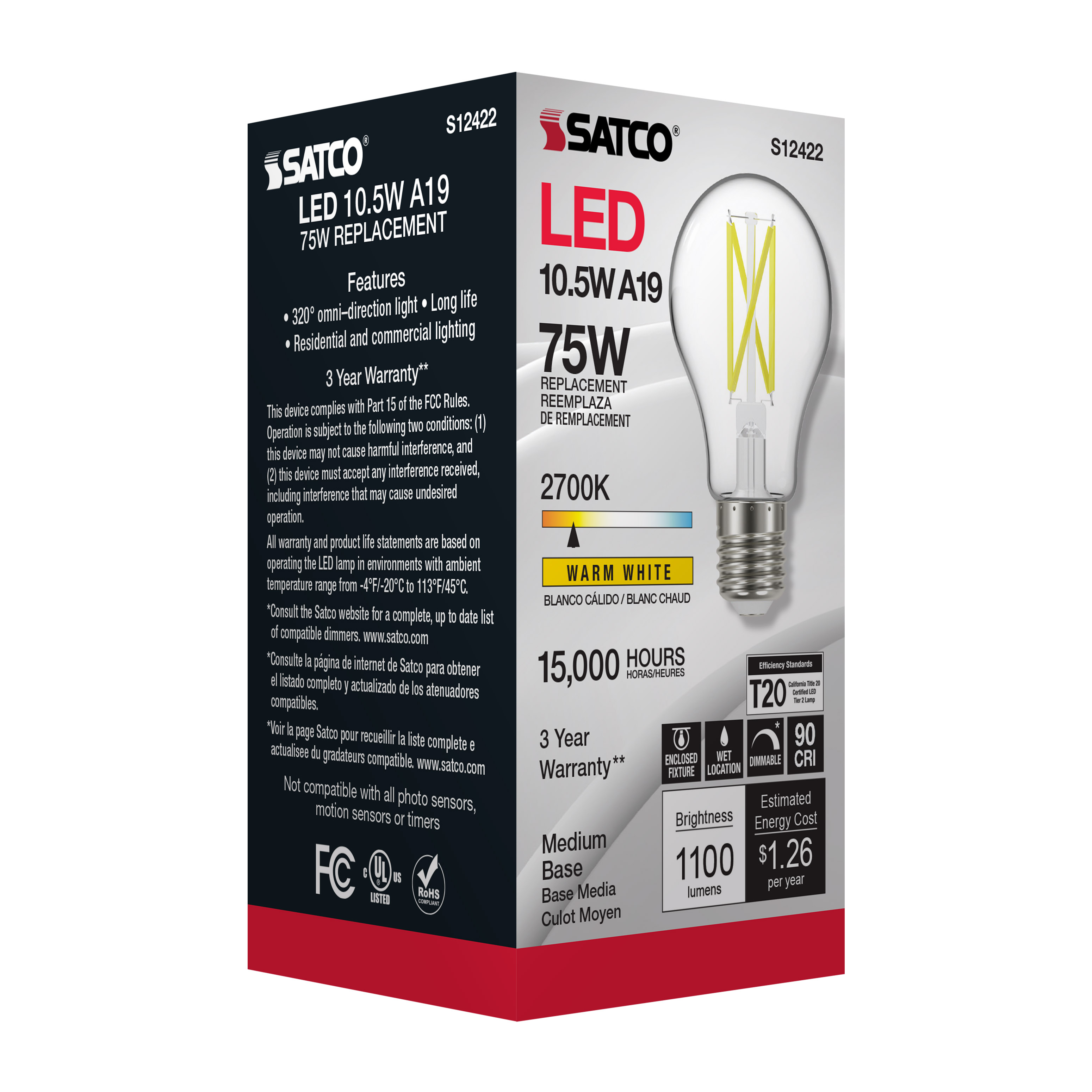 10.5A19/CL/LED/E26/927/120V - S12422