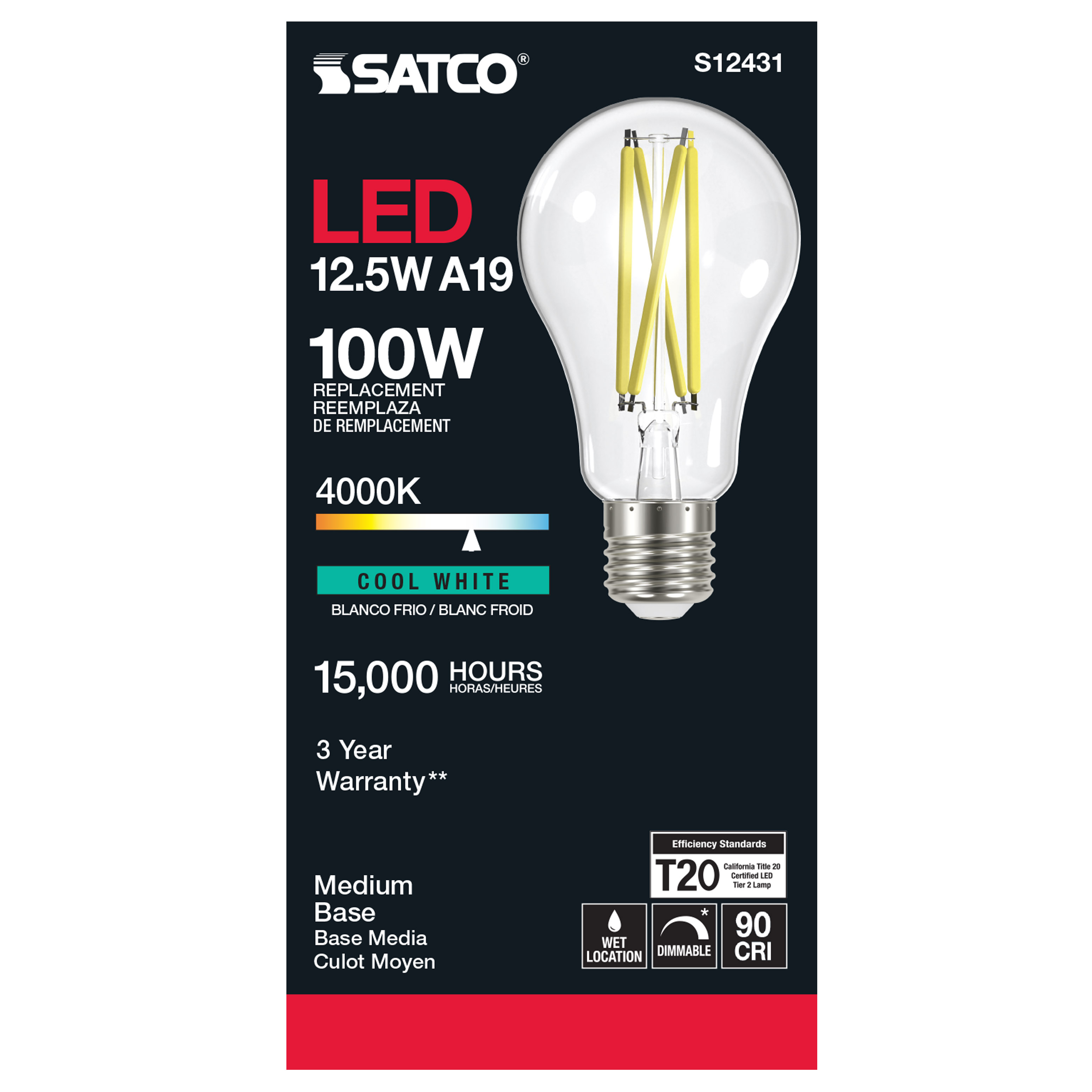 12.5A19/CL/LED/E26/940/120V - S12431