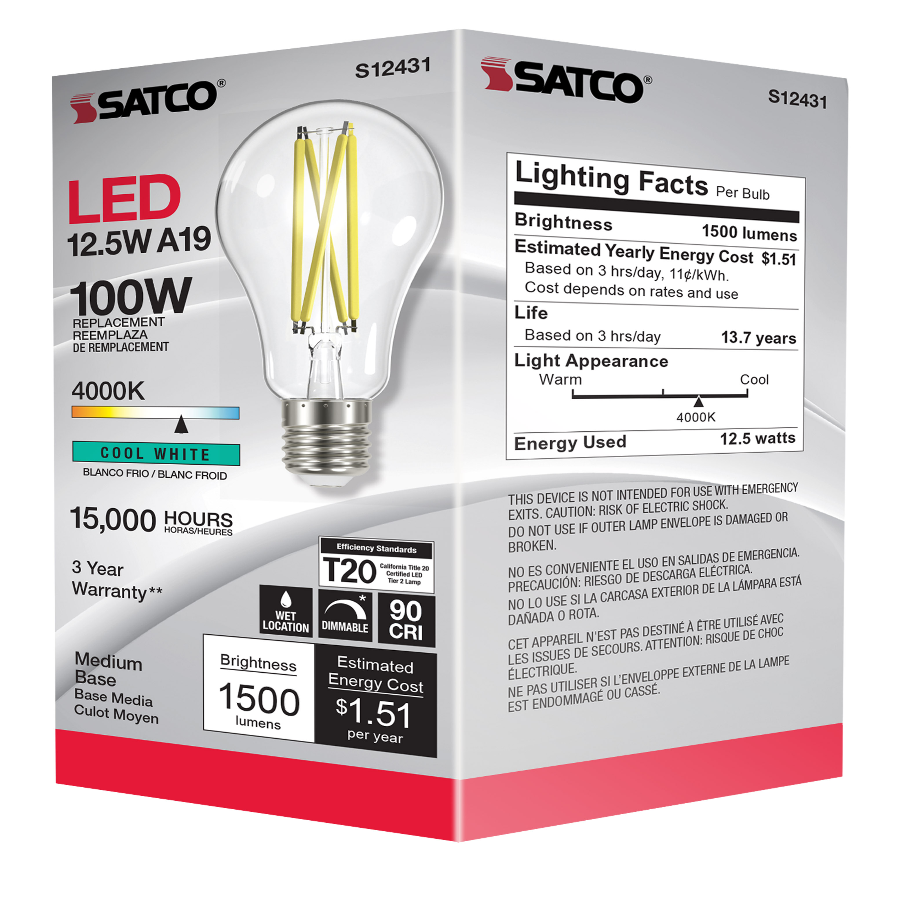 12.5A19/CL/LED/E26/940/120V - S12431