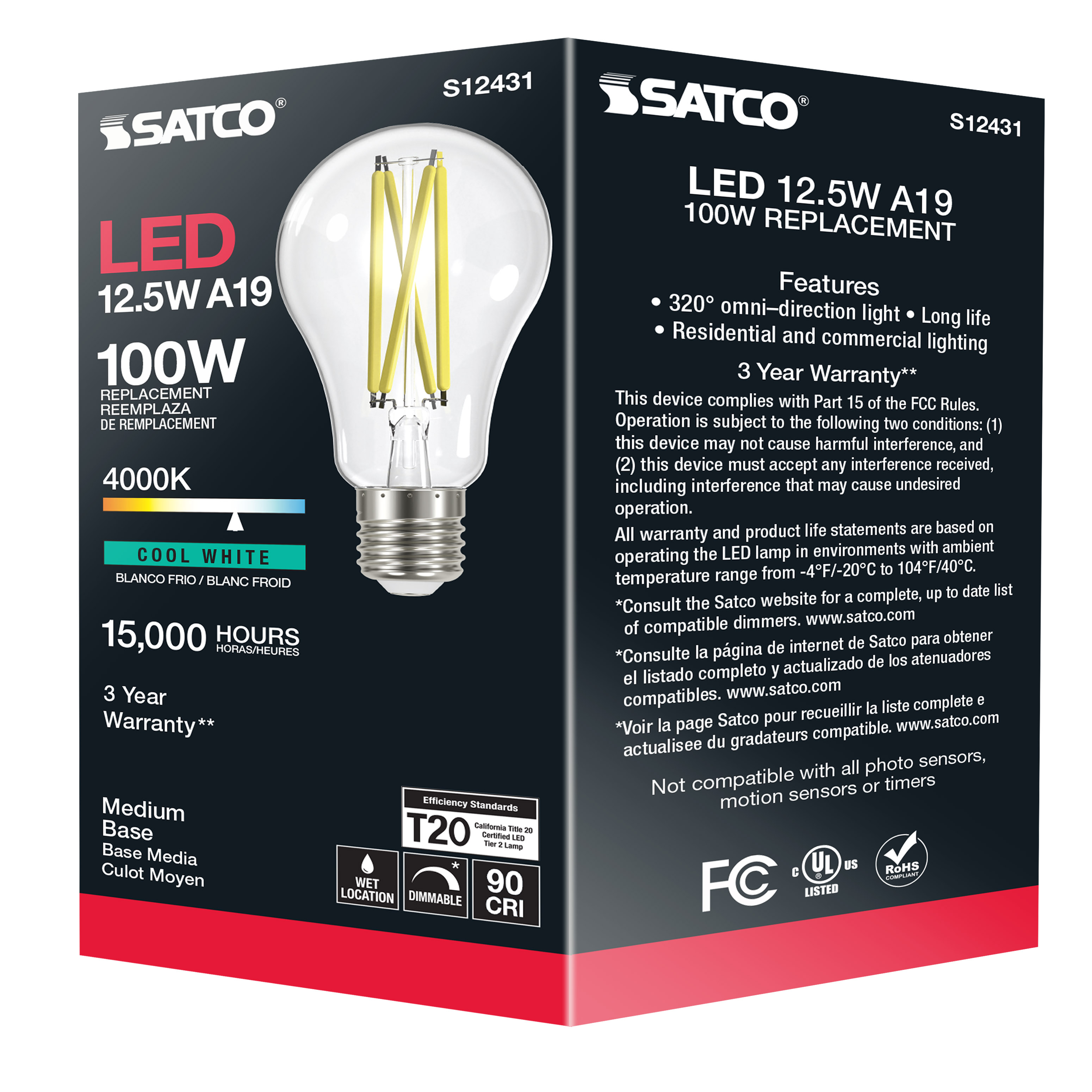 12.5A19/CL/LED/E26/940/120V - S12431